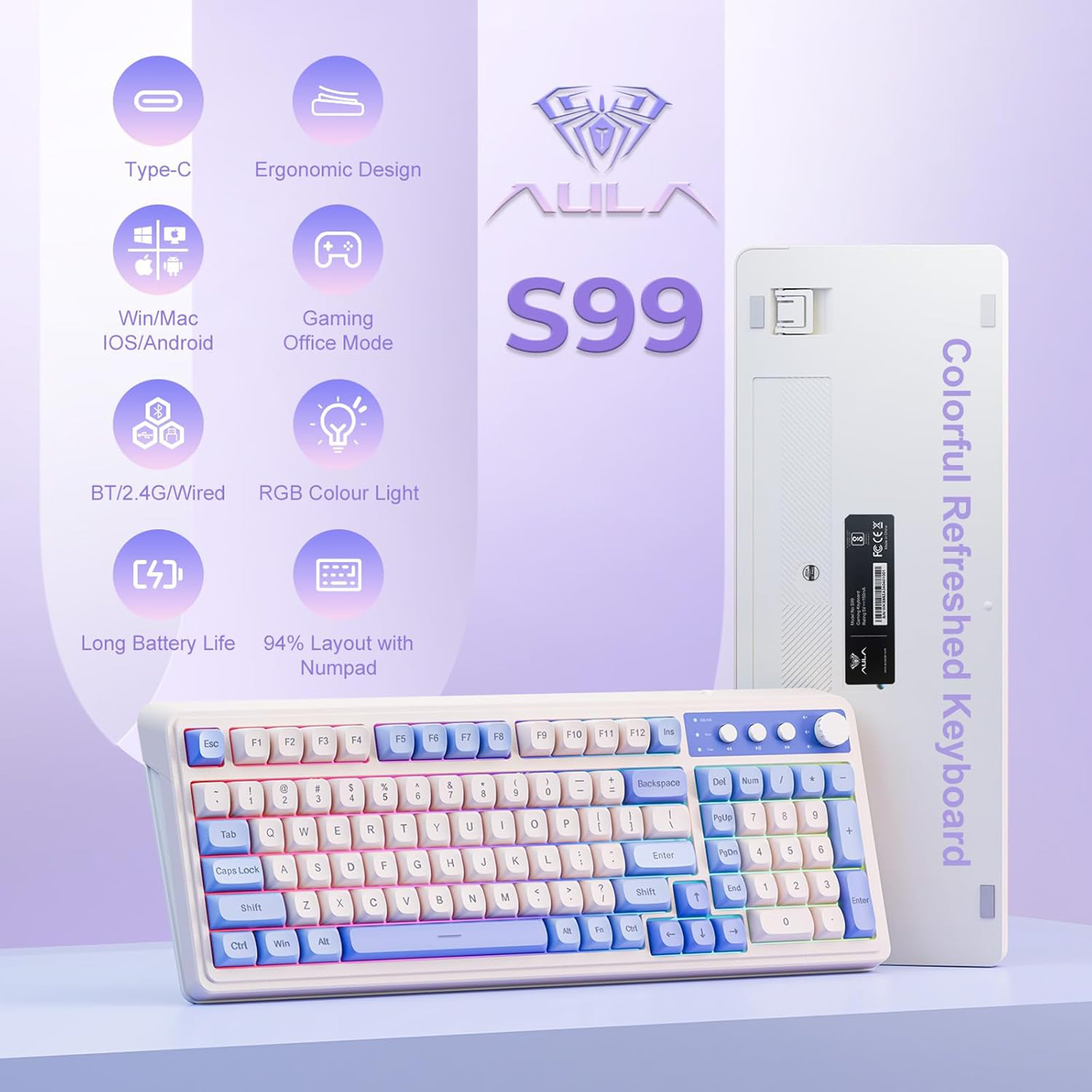 Keyboard with purple and white keys on a white background
