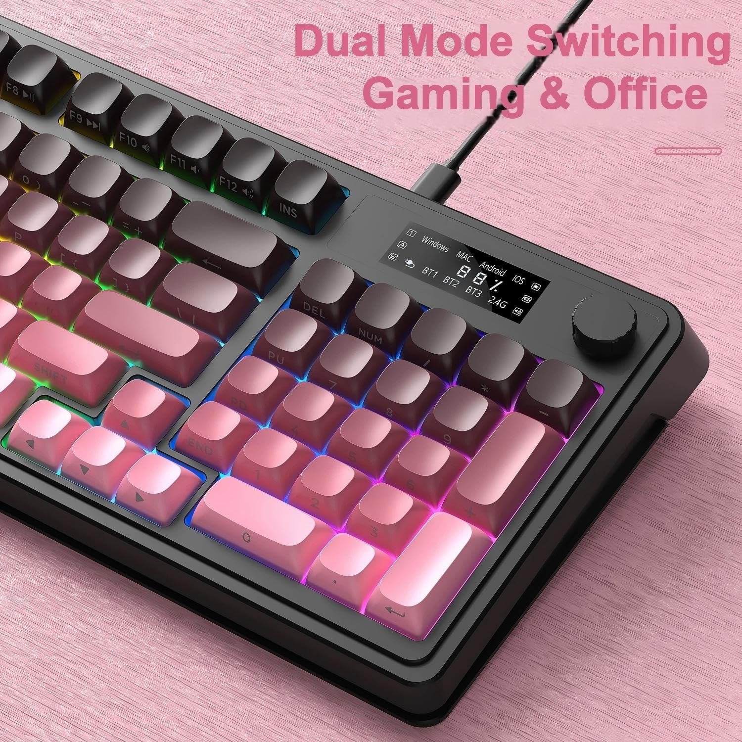 Mechanical keyboard with pink and gray keys on a black keyboard frame
