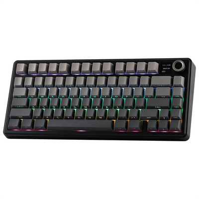 Black mechanical keyboard with RGB lighting on a white background
