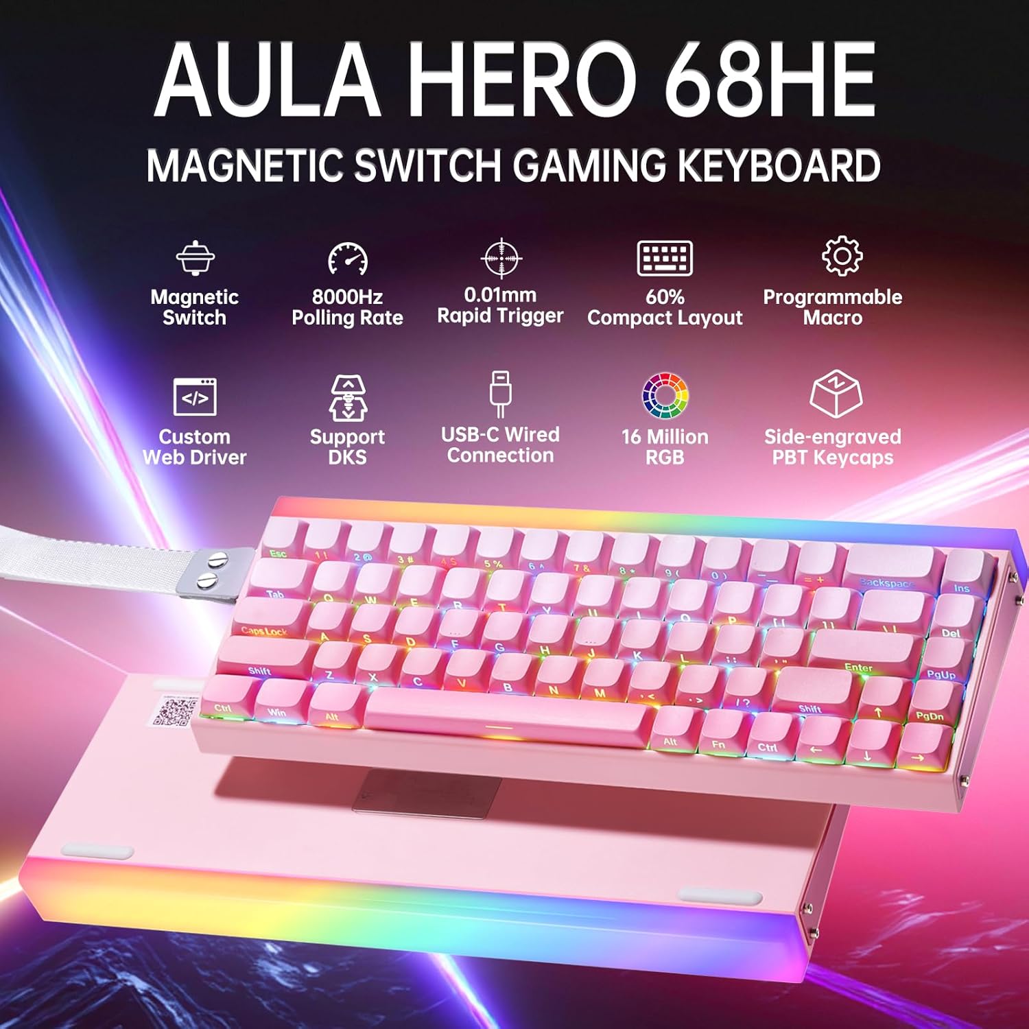 Aula Hero 68HE gaming keyboard with colorful backlighting on a dark background