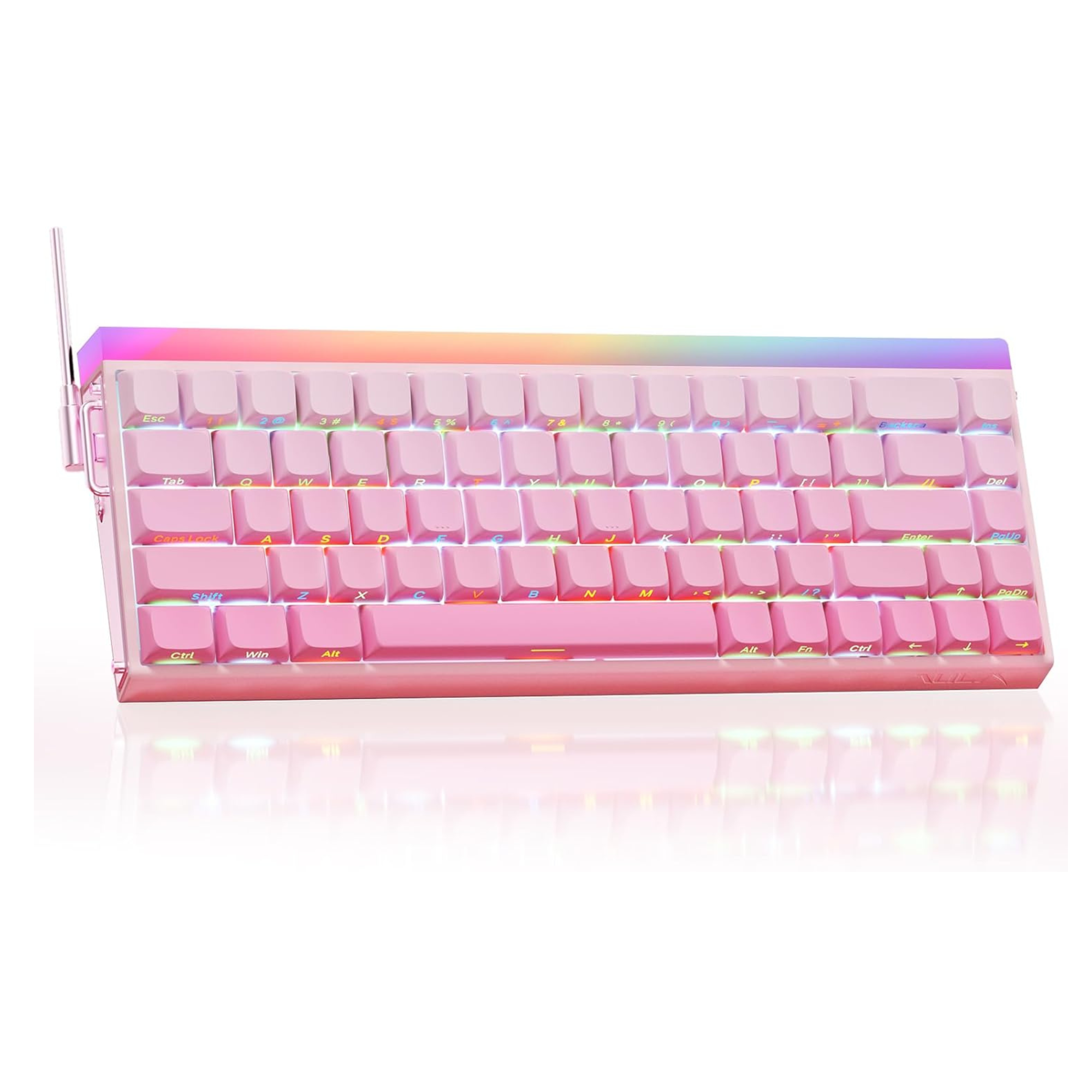 Pink keyboard with rainbow backlight on a white background
