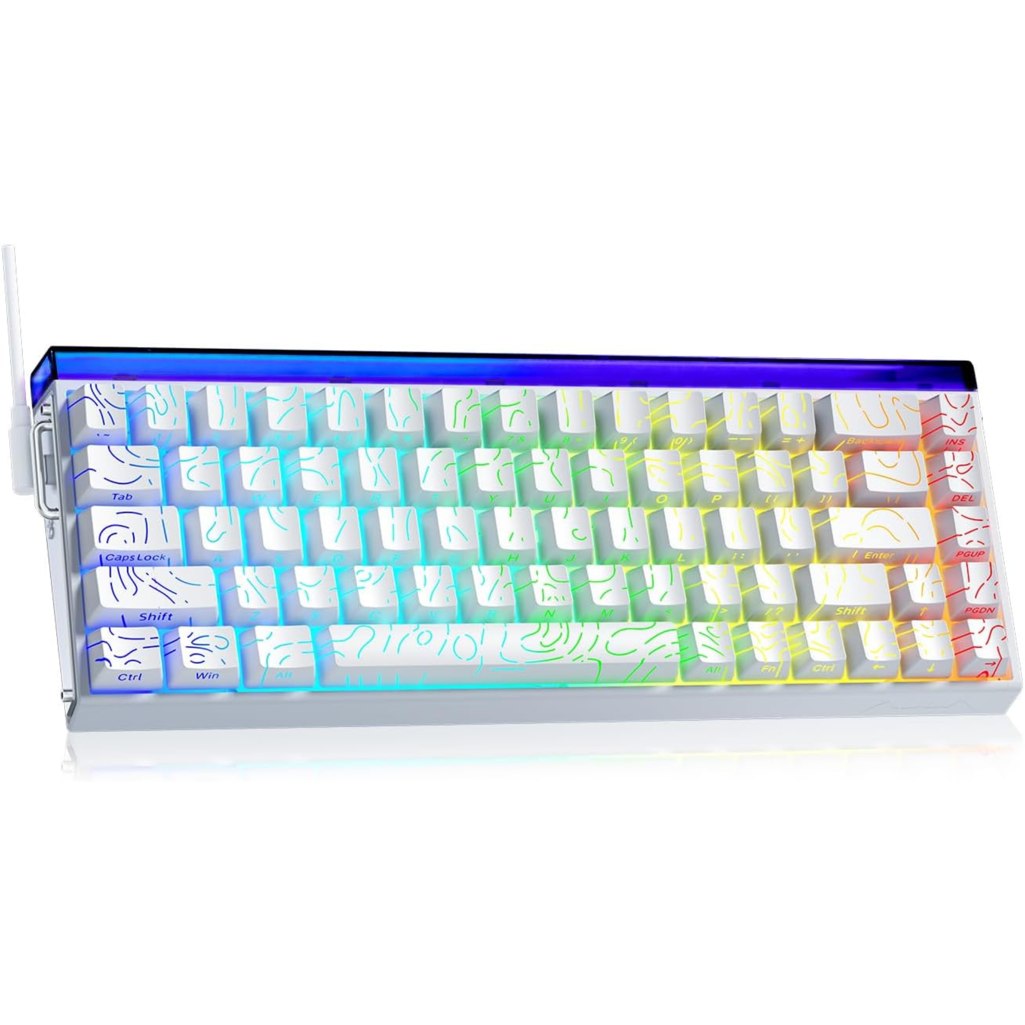 Colorful keyboard backlight with a white base on a white background
