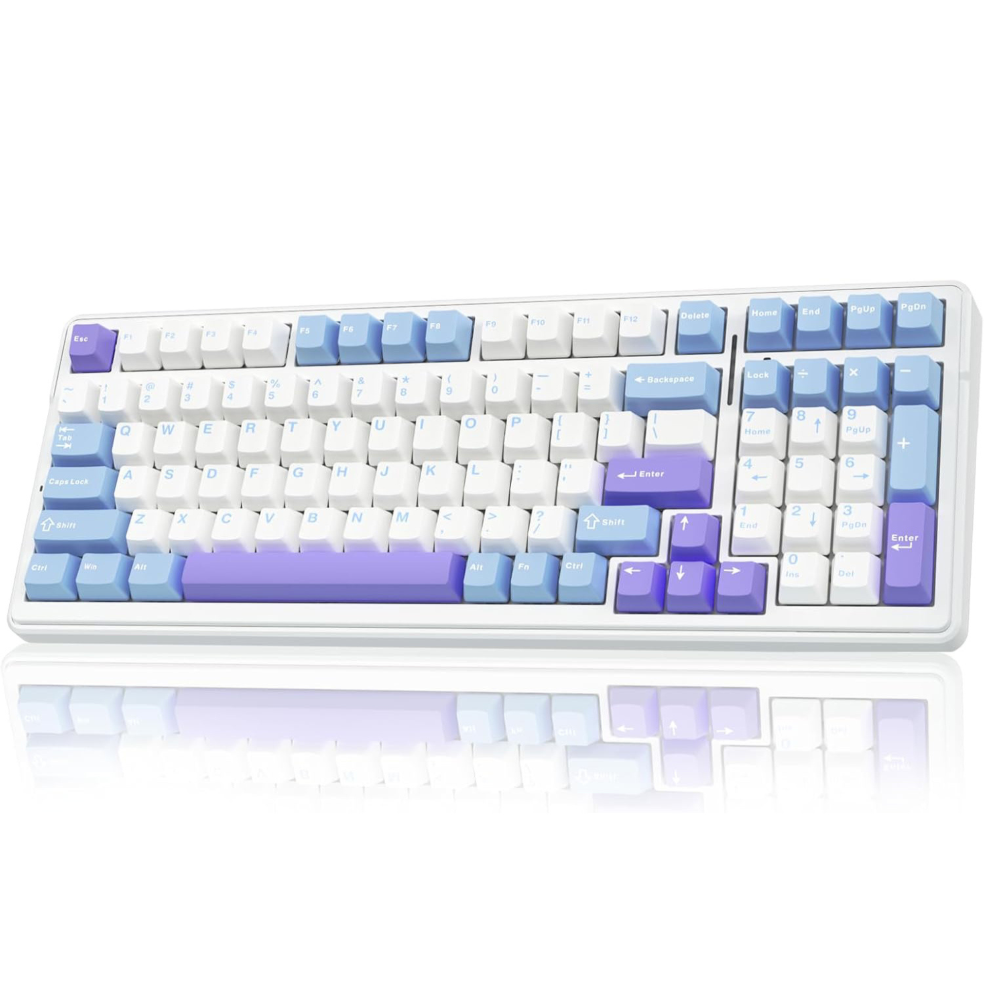 Keyboard with blue and purple keycaps on a white background