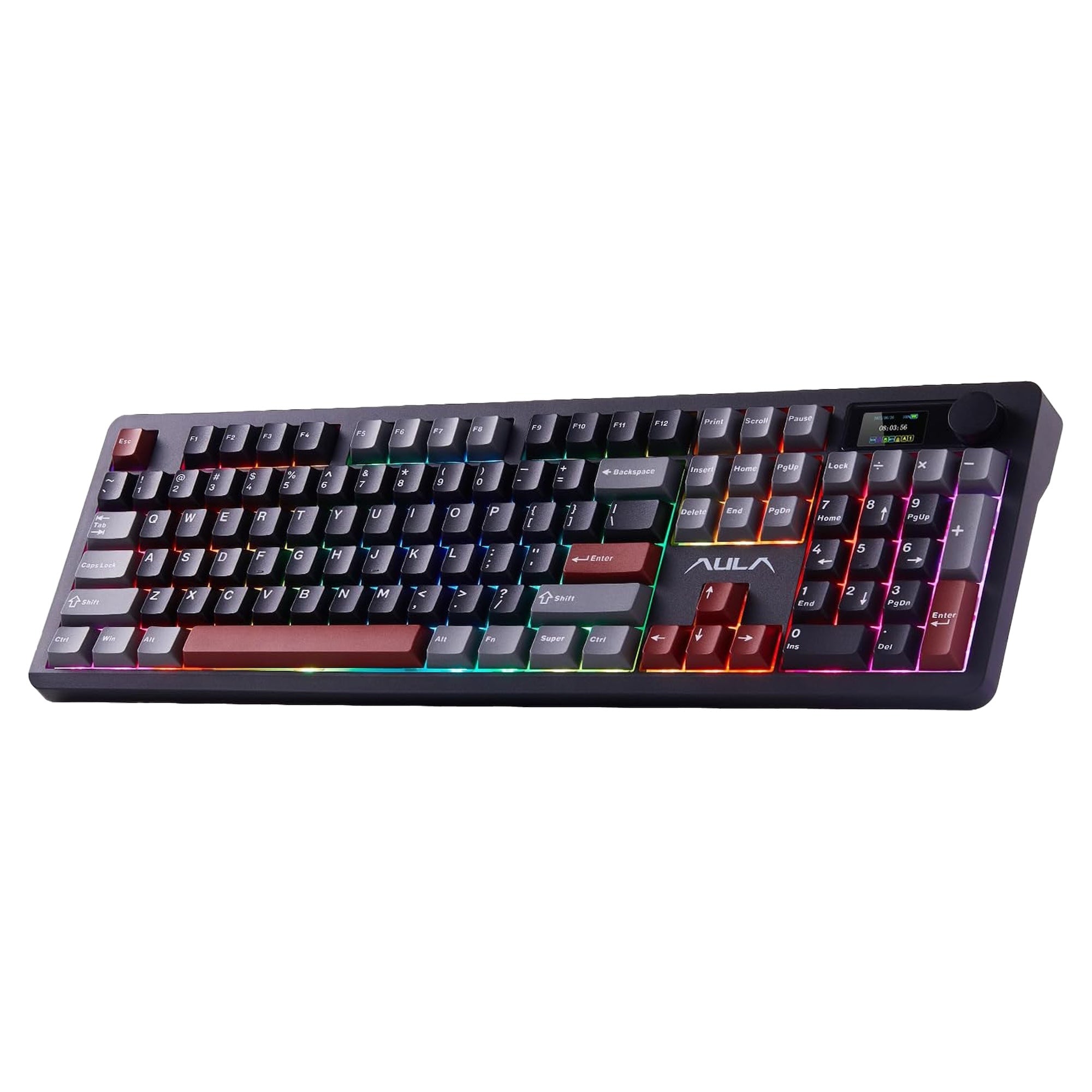 Mechanical keyboard with RGB lighting on a white background
