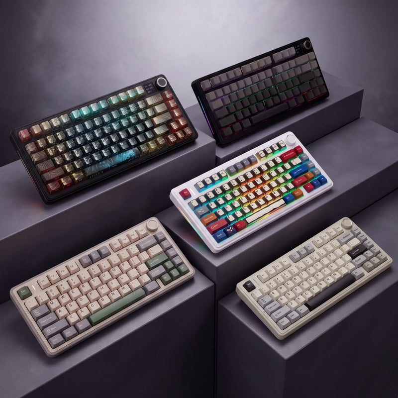 Collection of colorful keyboards on a dark surface