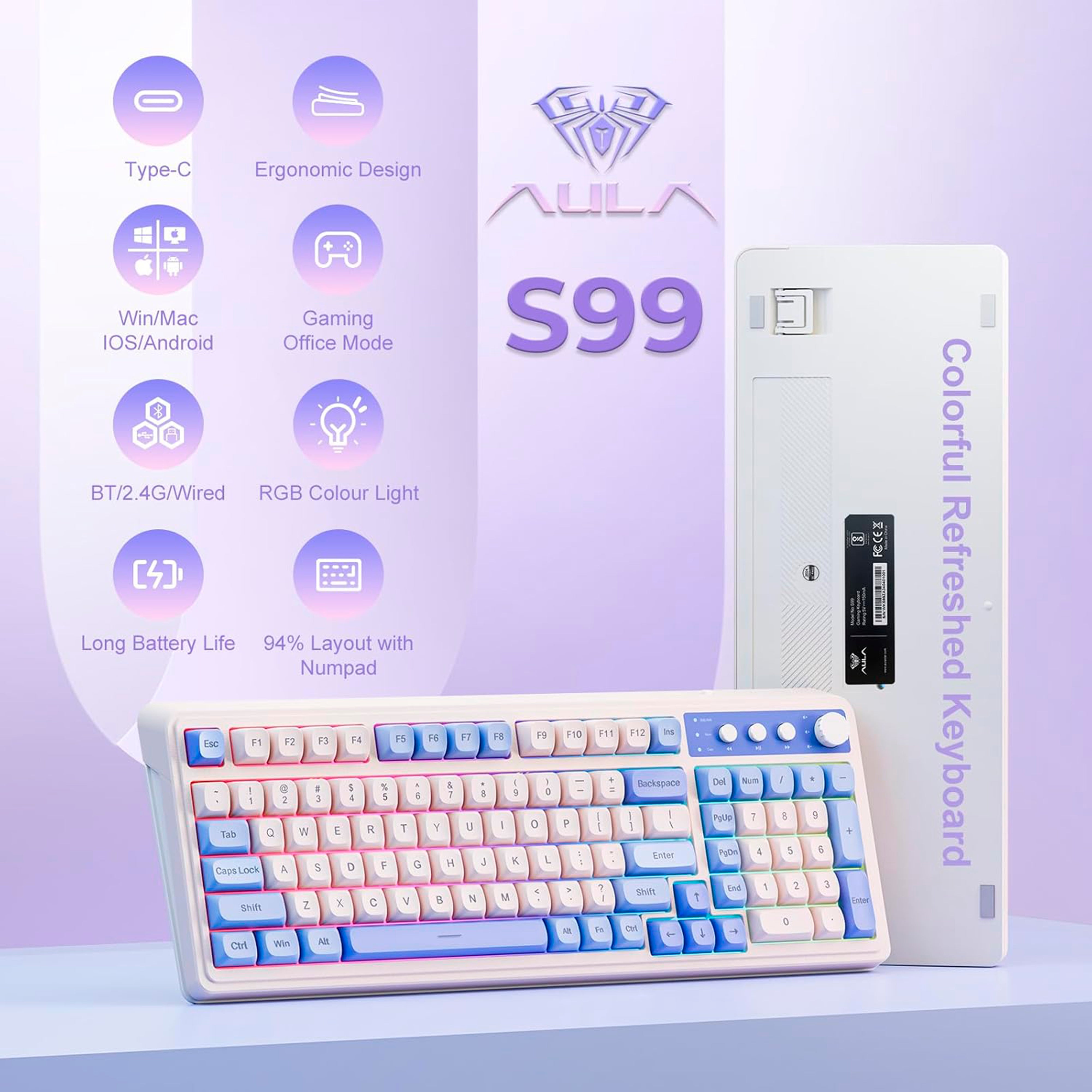 Keyboard with RGB lighting and AULA S99 branding on a light purple background