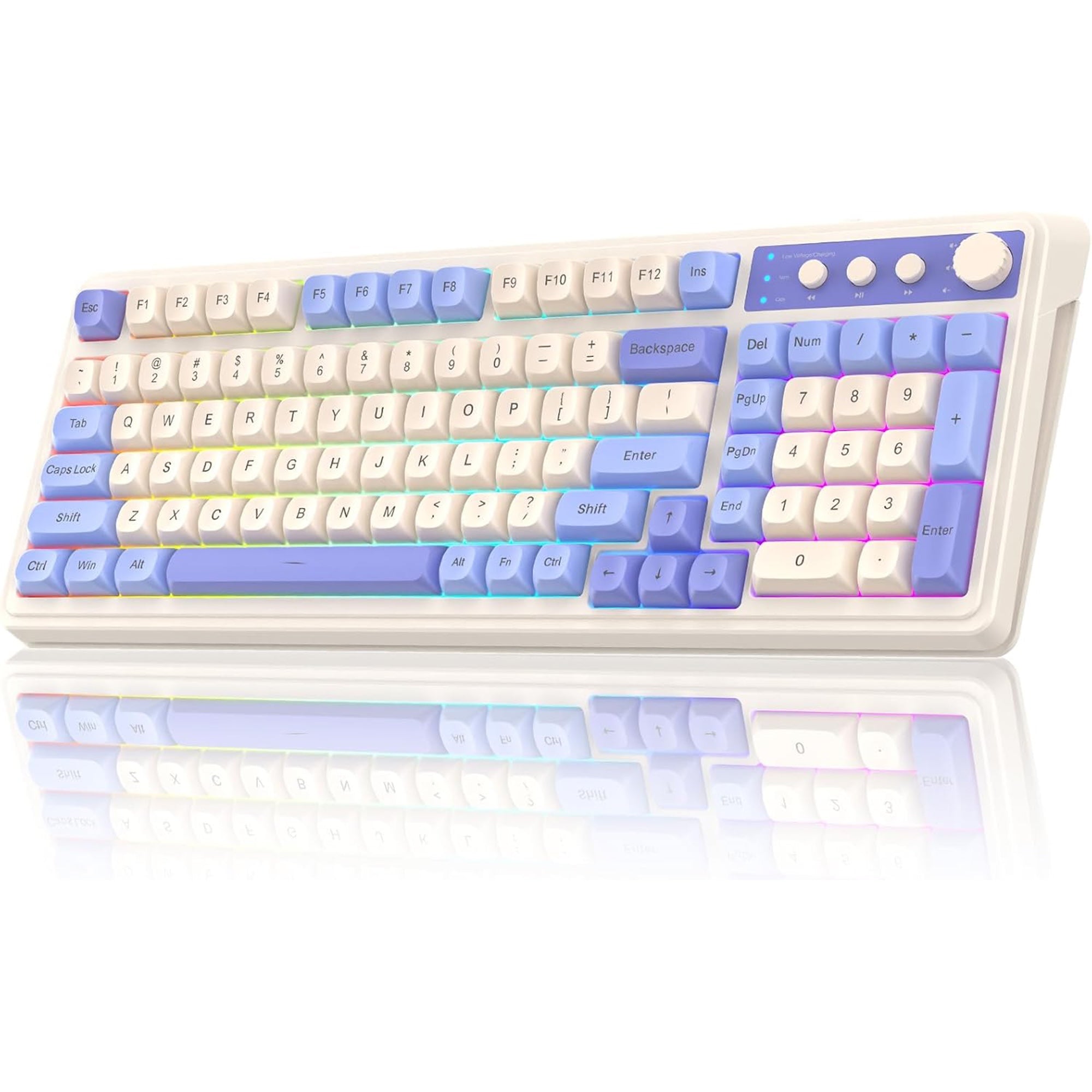 Keyboard with purple and white keys on a white background
