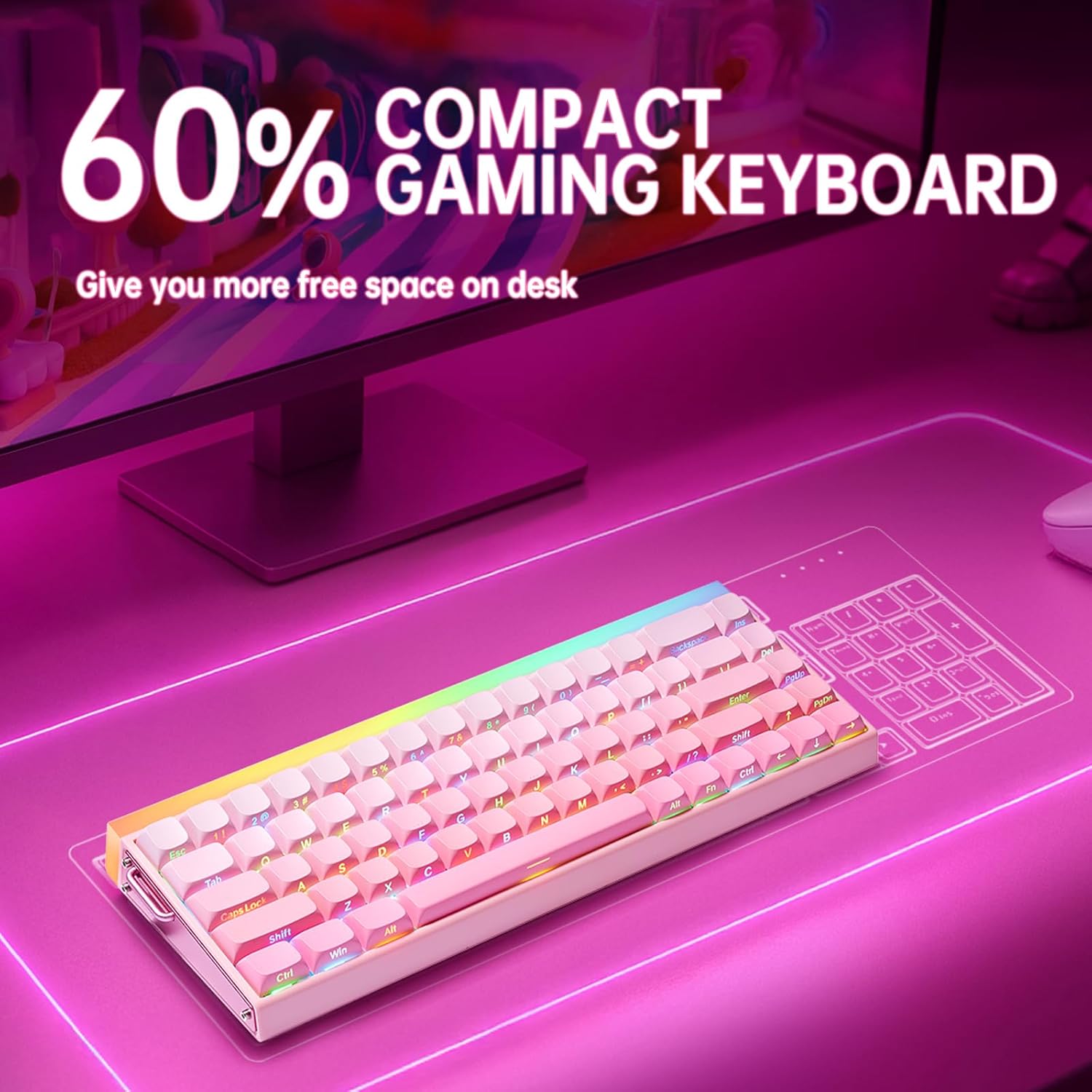 60% compact gaming keyboard on a desk with pink neon lighting