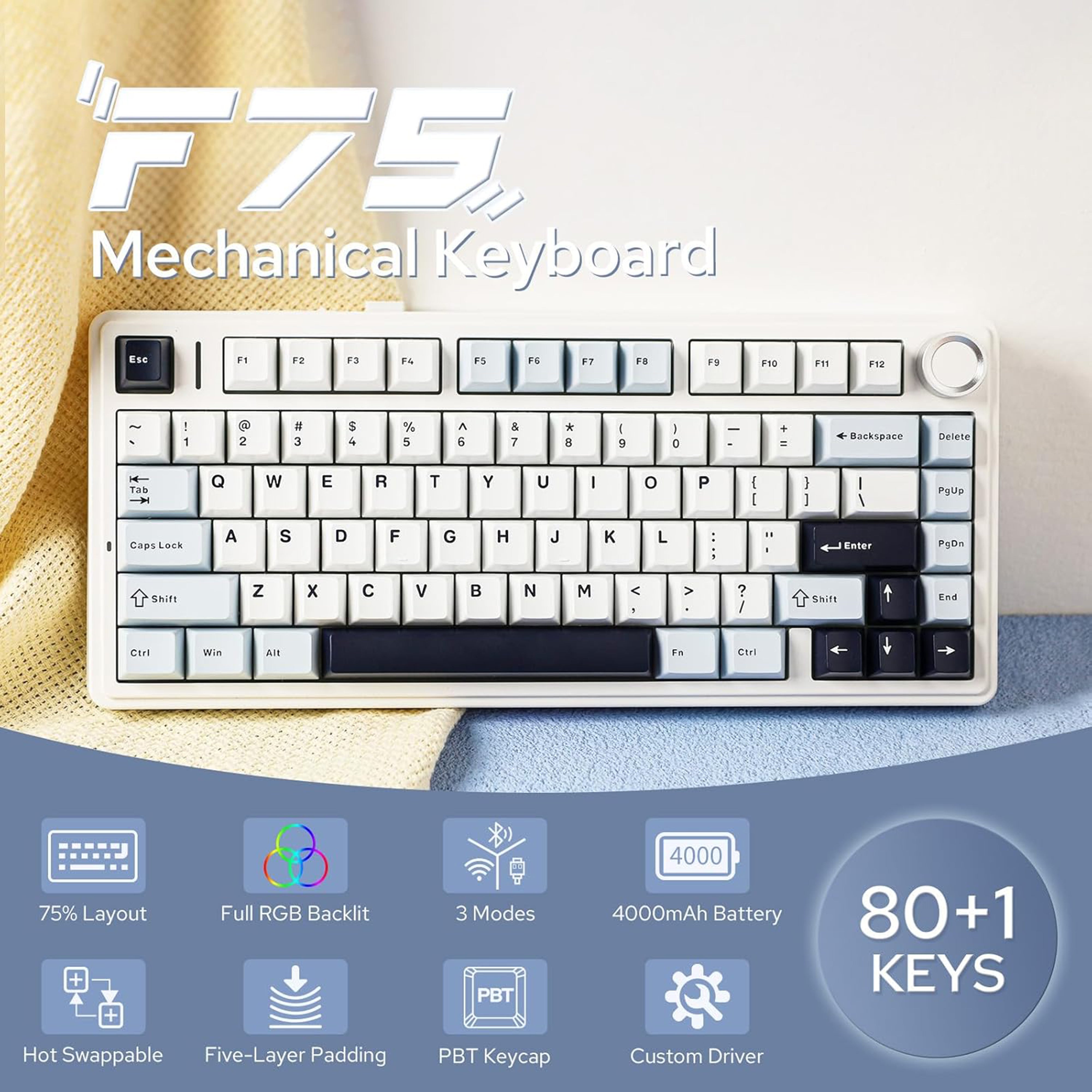Mechanical keyboard with a white frame with blue gray keys on a white background
