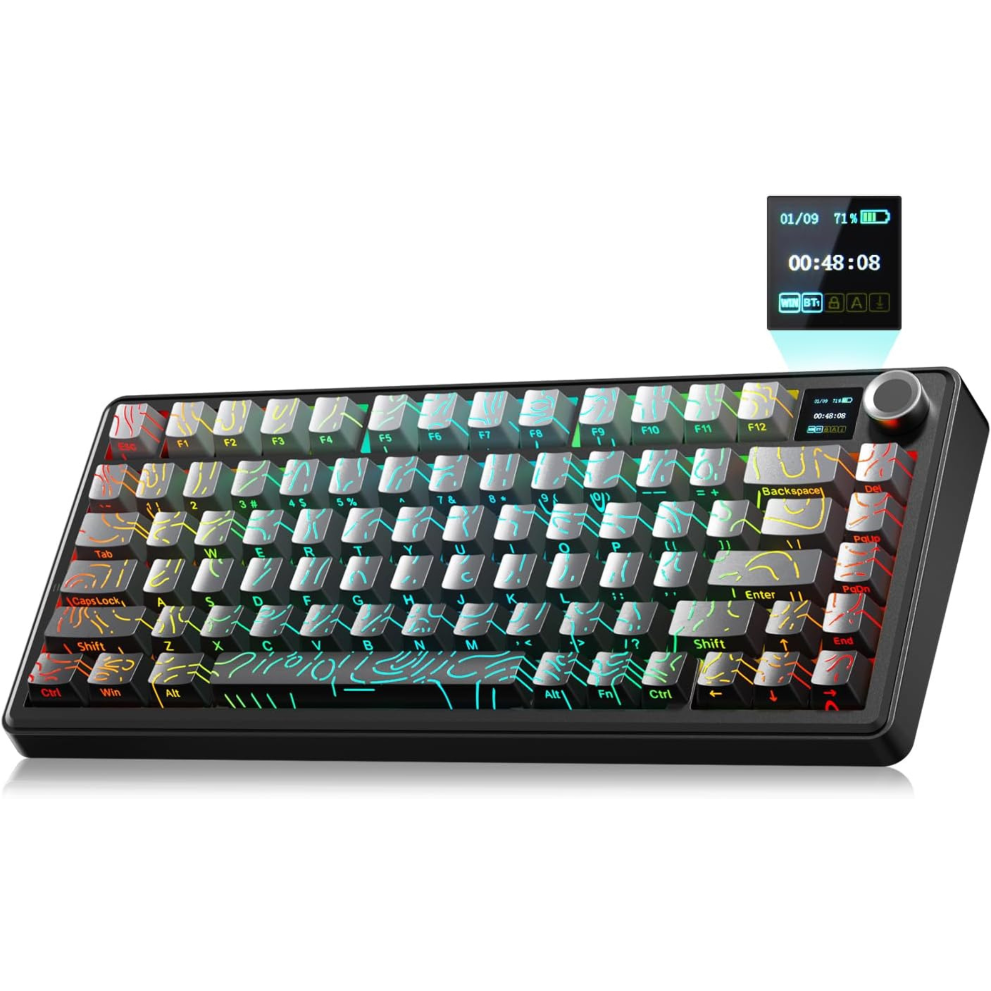 Keyboard with colorful backlighting on a white background
