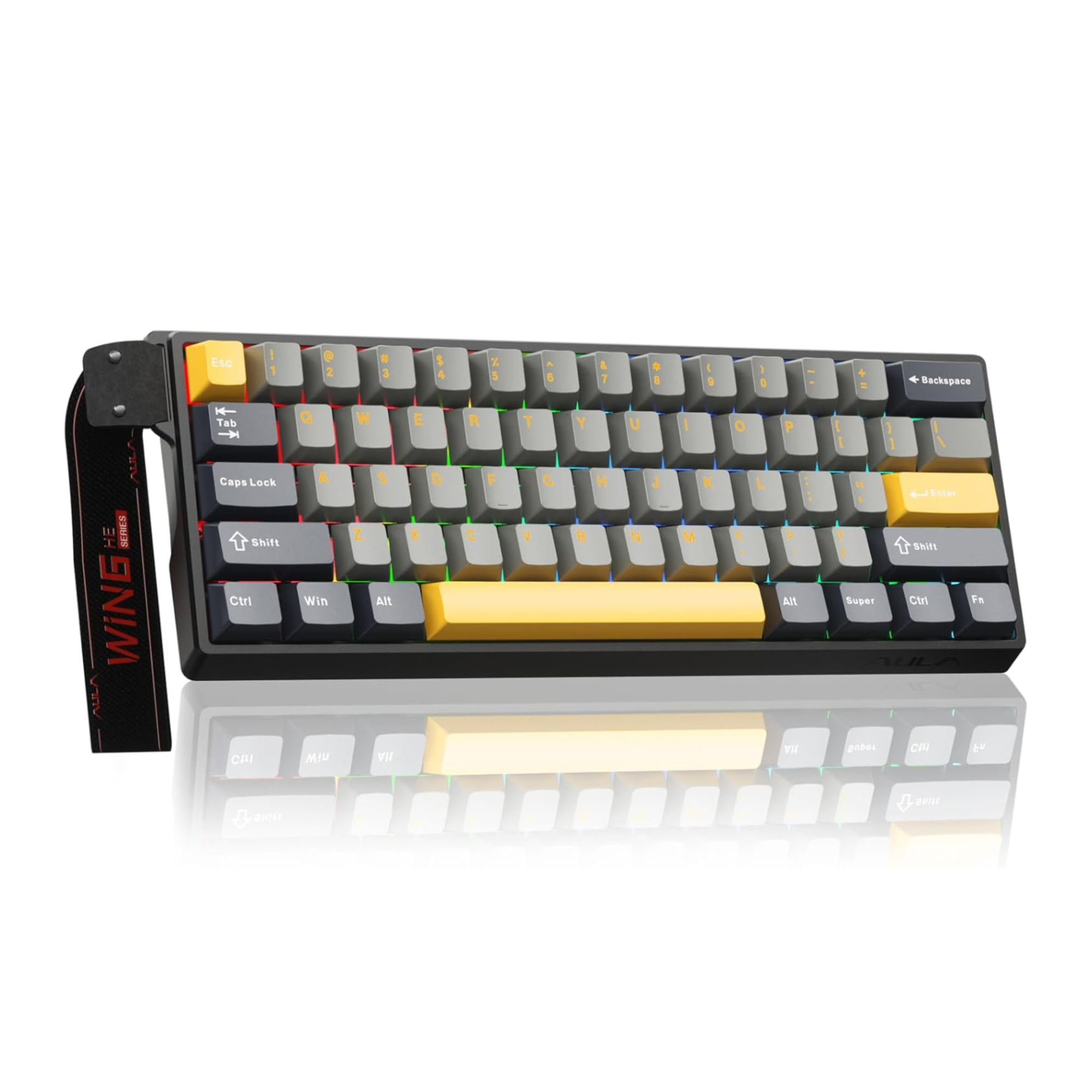 Mechanical keyboard with a black frame and yellow keycaps on a white background
