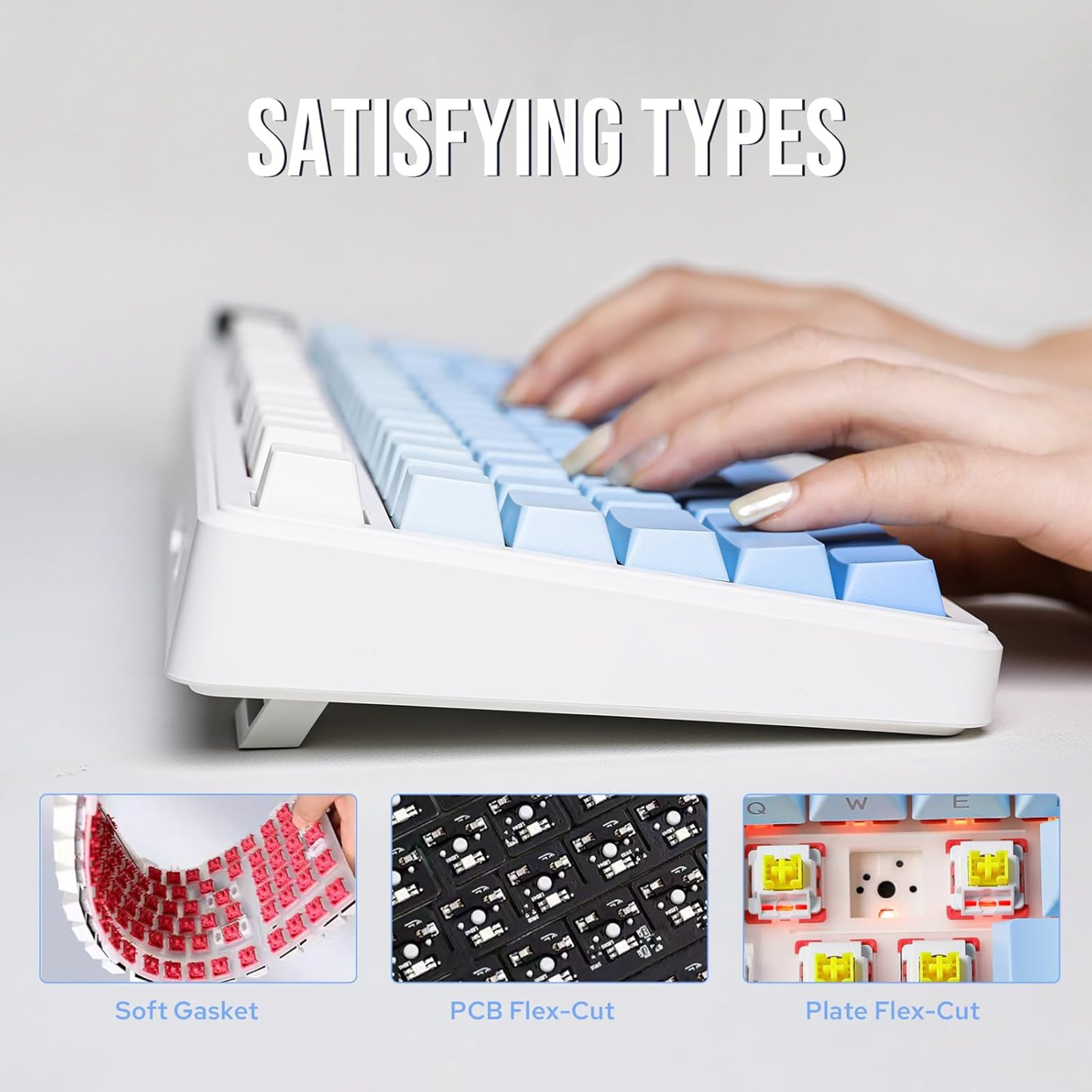 Keyboard with blue keys and white frame on a white background, featuring the AULA logo.
