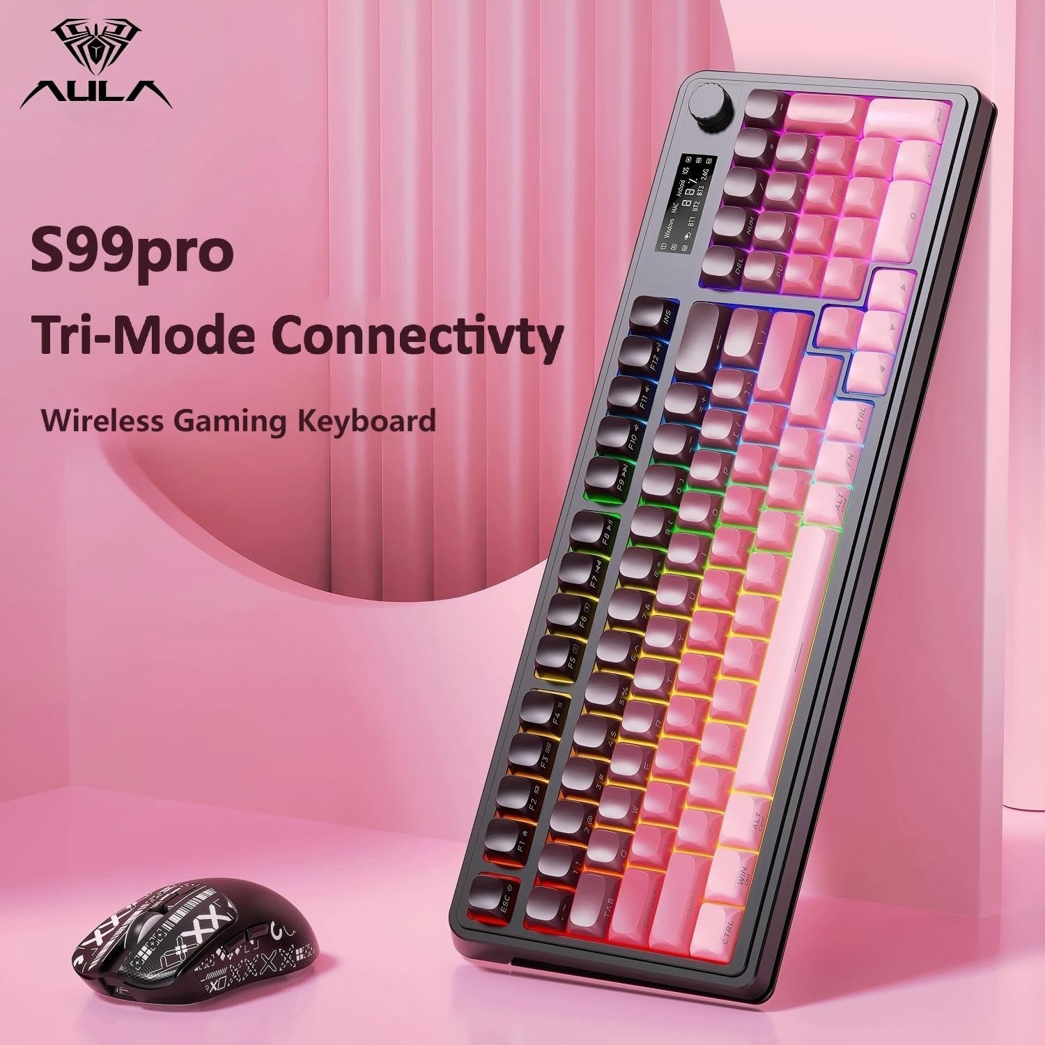 Mechanical keyboard with pink and gray keys on a black keyboard frame
