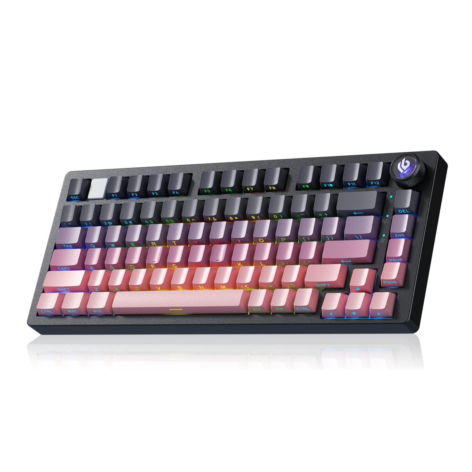 Keyboard with gradient pink, purple and gray keys on a white background
