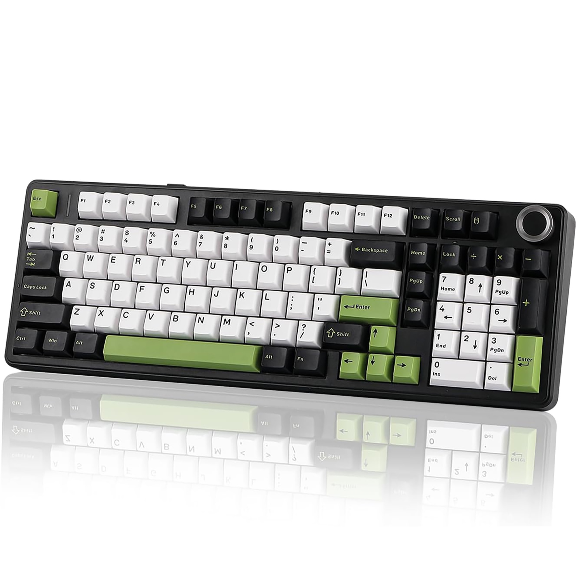 Mechanical keyboard with green and black keys on a white background

