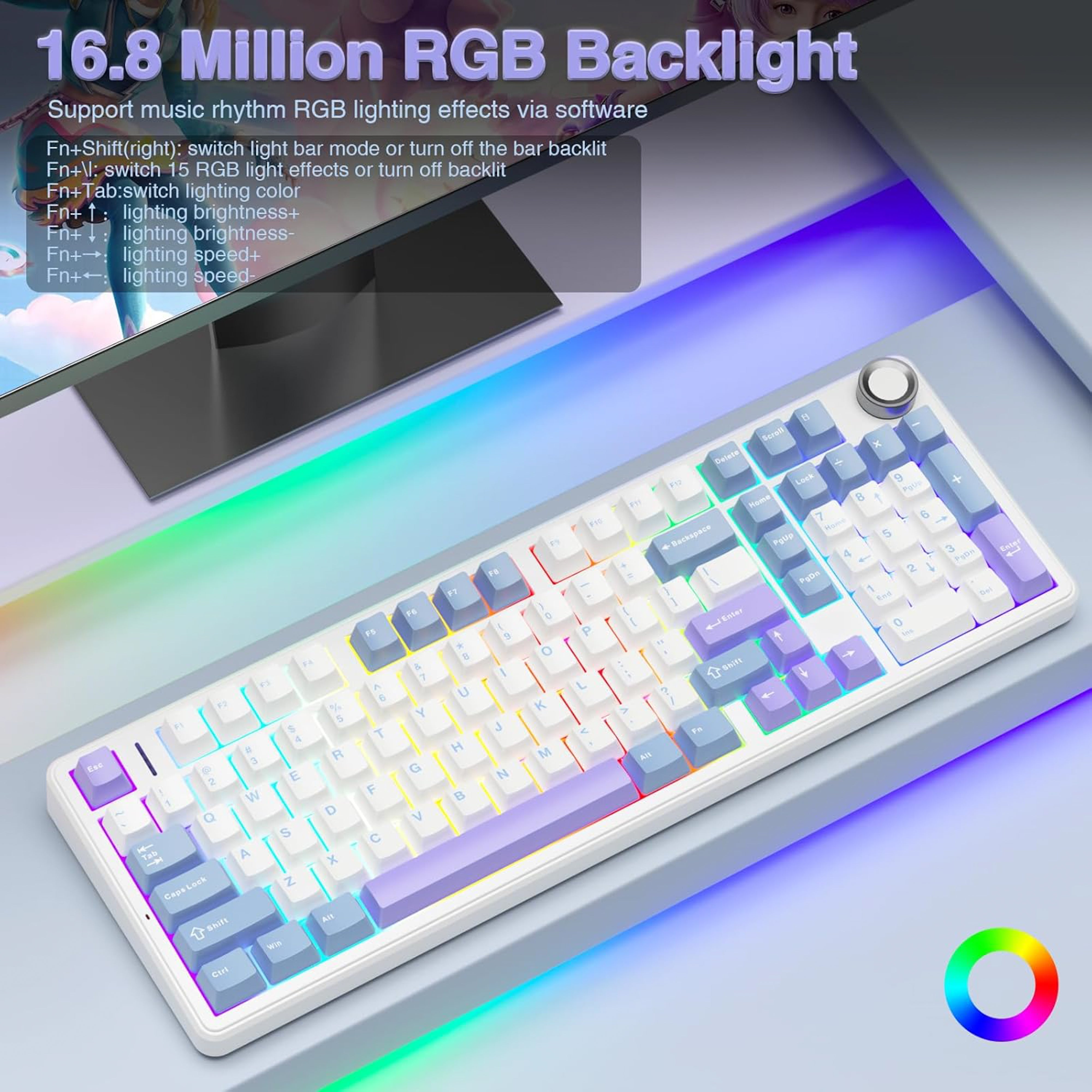 Keyboard with purple and white pastel-colored keys on a white background
