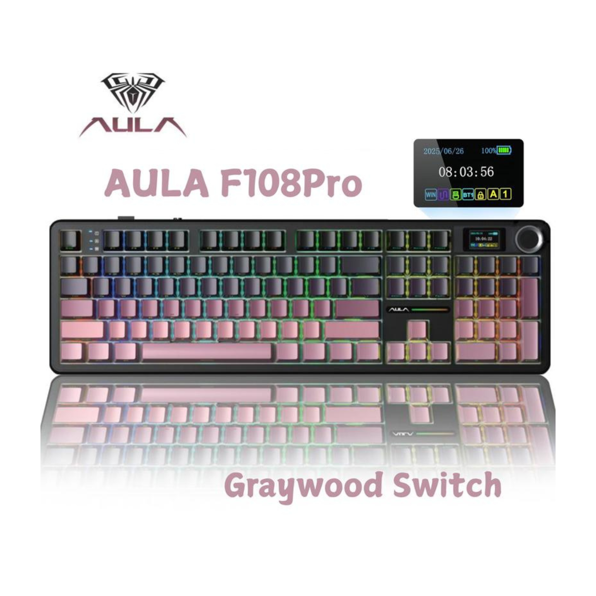 Mechanical keyboard with RGB lighting on a white background
