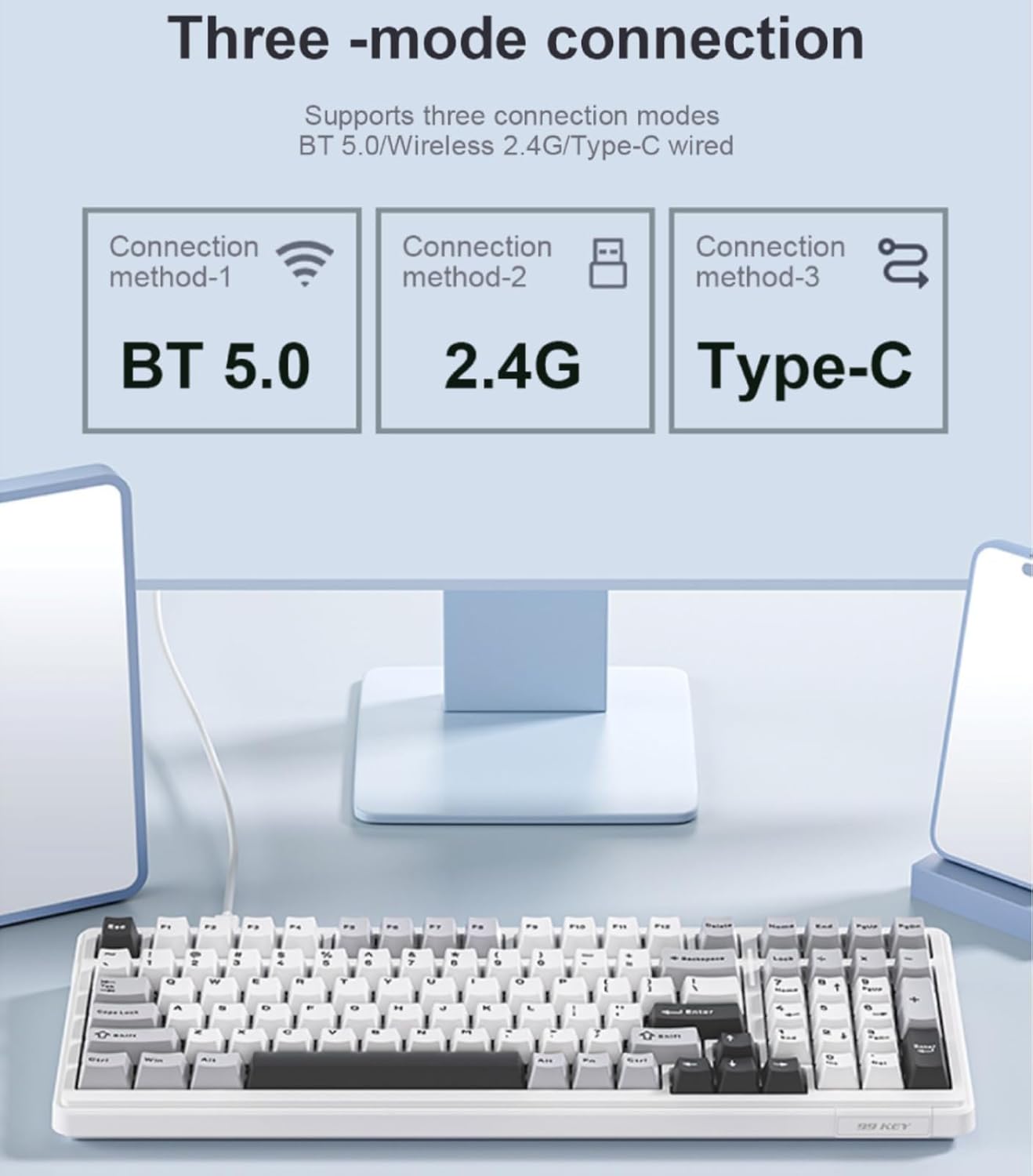 Mechanical keyboard with white keycaps on a black background
