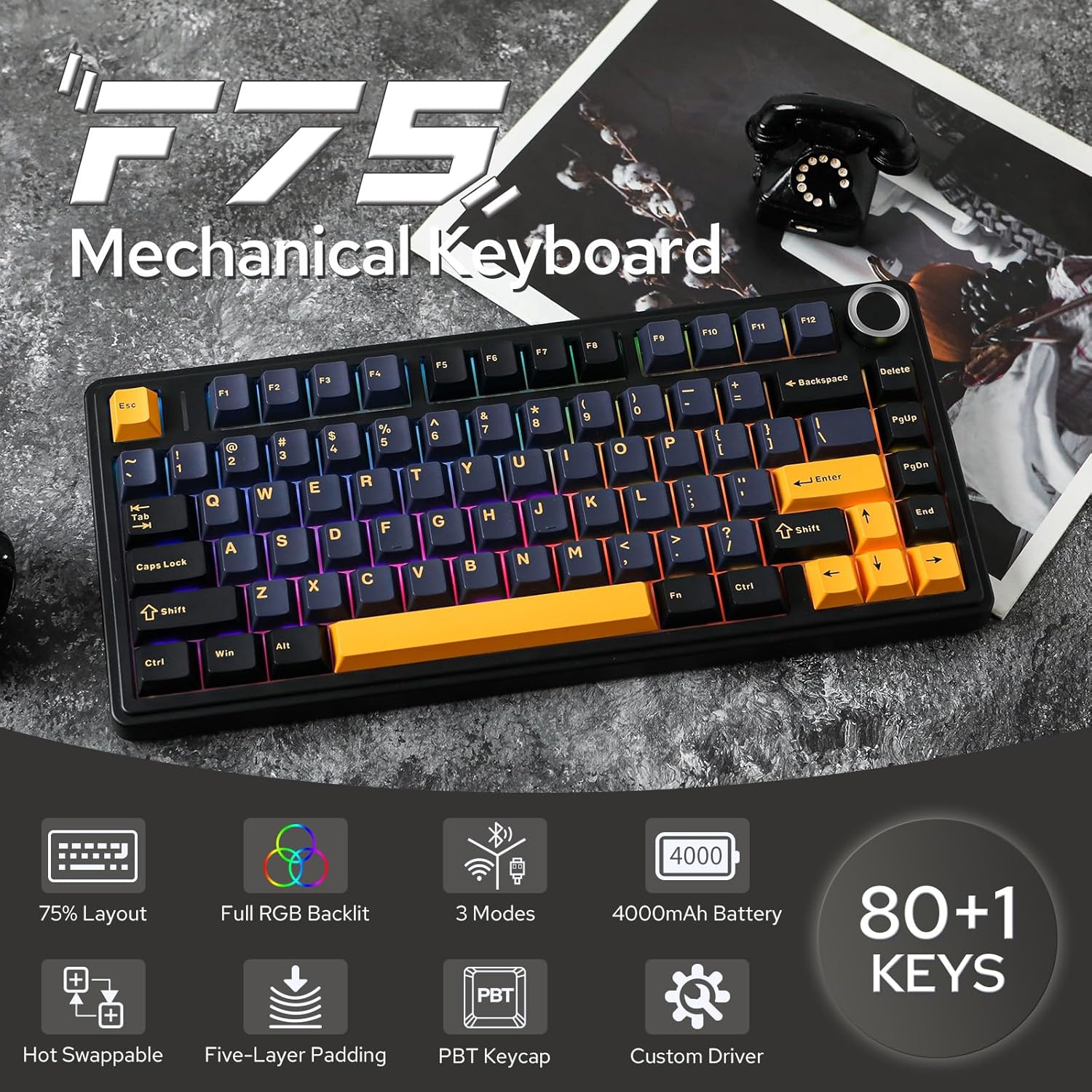Mechanical keyboard with black keys and yellow escape key on a white background
