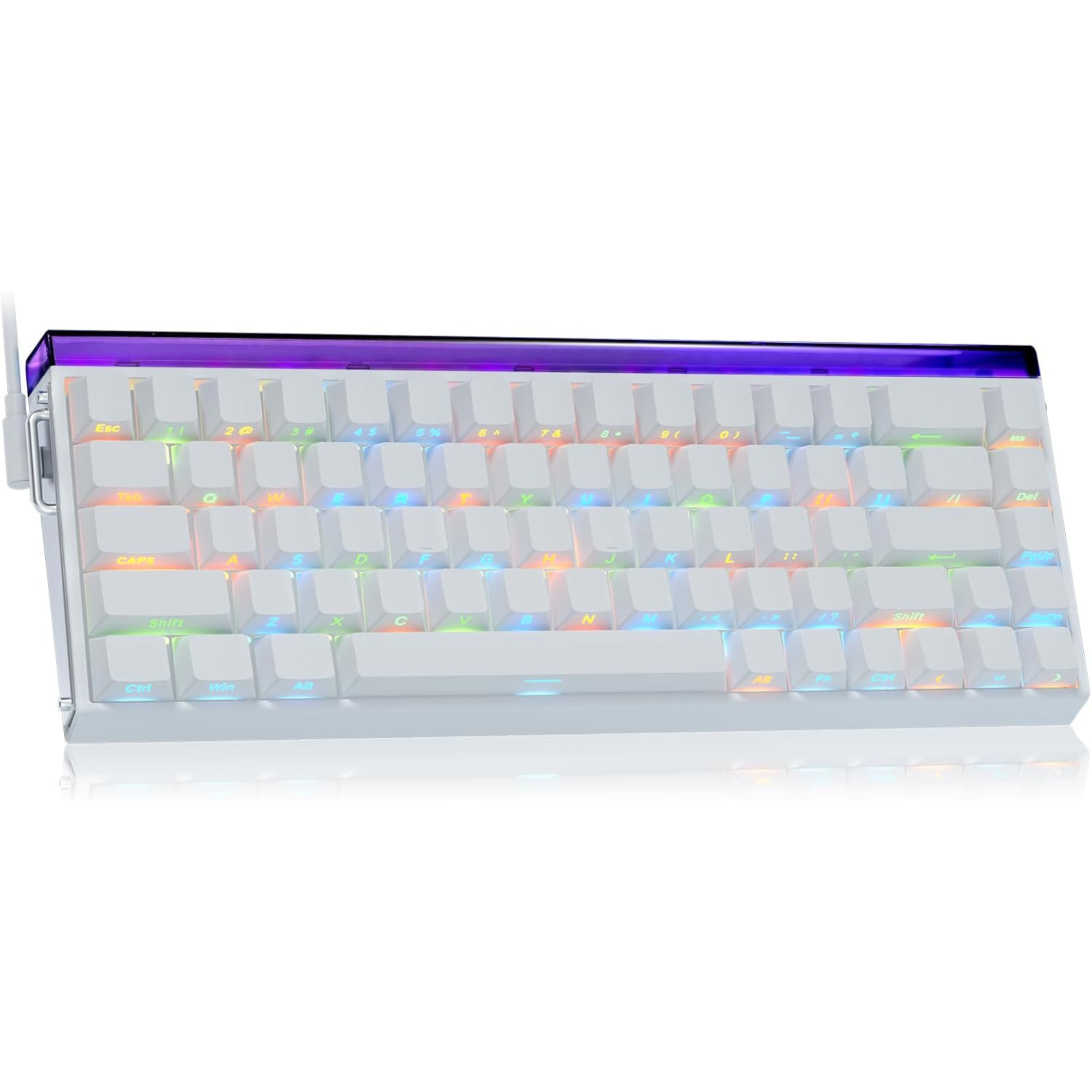 Mechanical keyboard with RGB lighting on a white background
