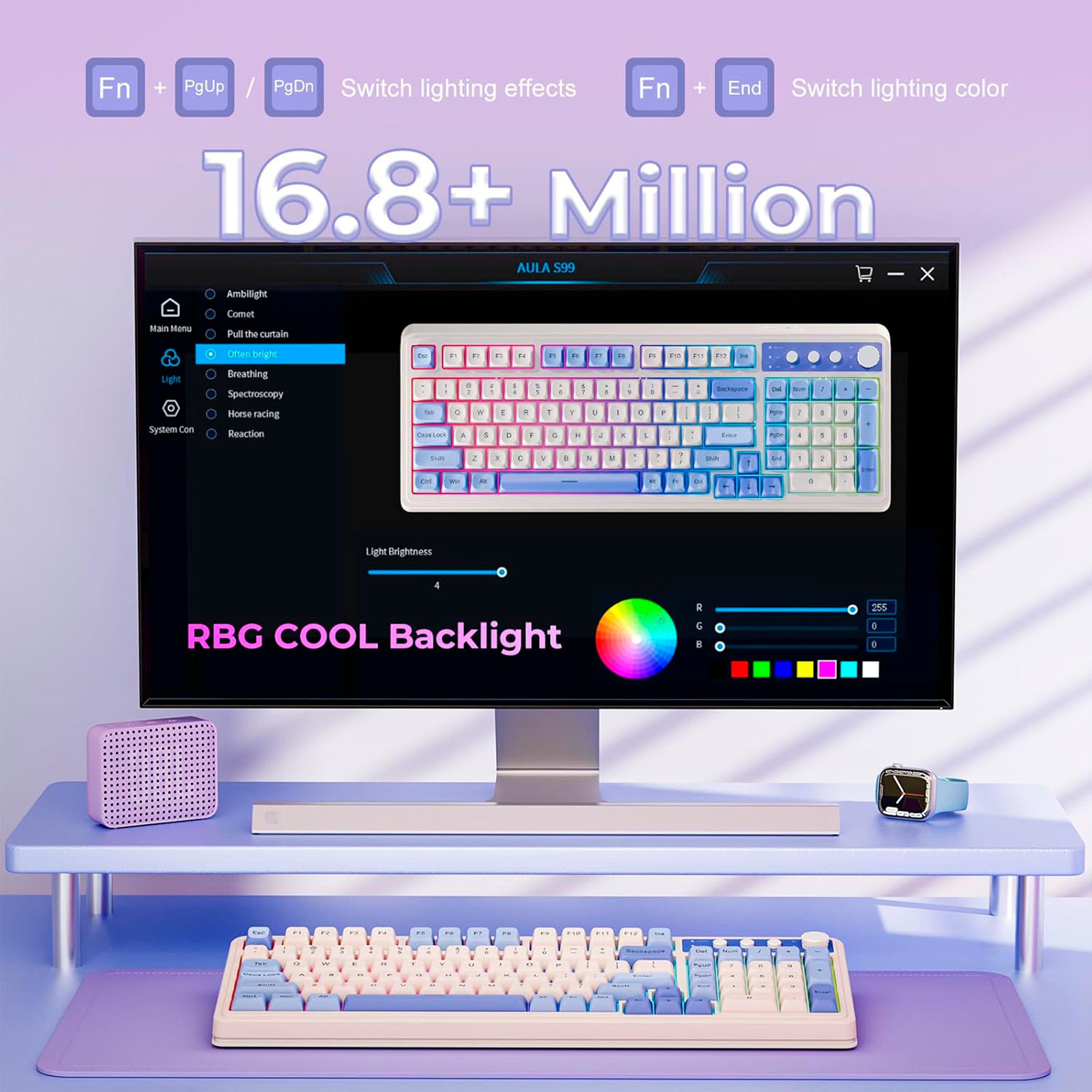 Computer setup with RGB keyboard and monitor on a desk, showcasing customizable backlight options.