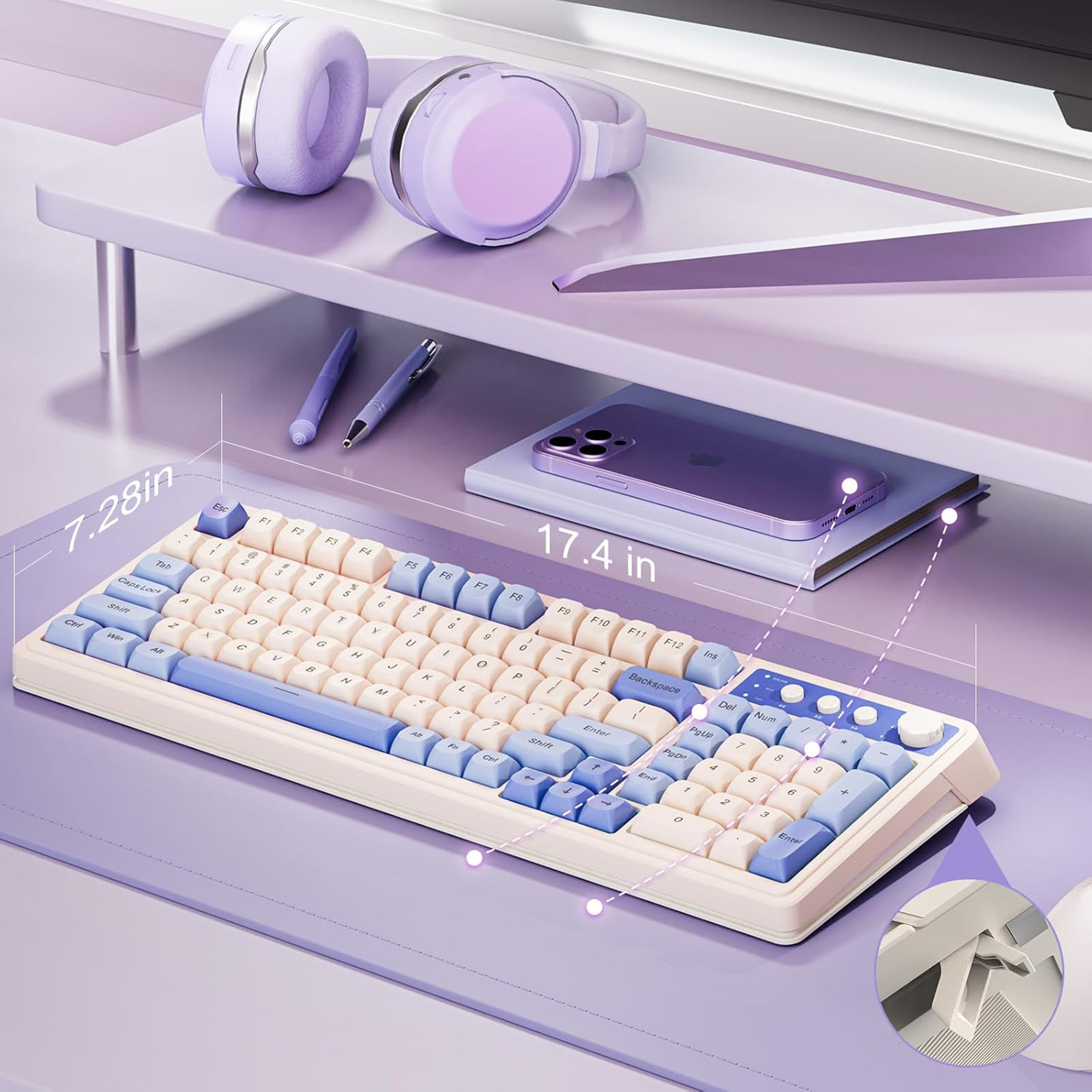 Keyboard with purple and white keys on a white background
