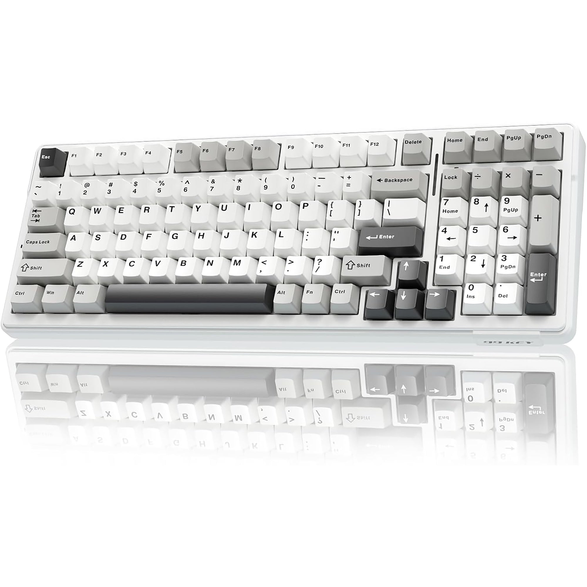 Mechanical keyboard with white and gray keys on a white background
