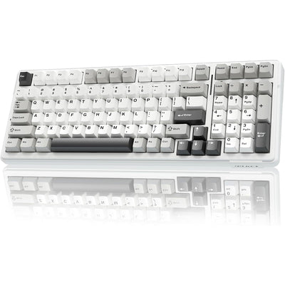 Mechanical keyboard with white and gray keys on a white background
