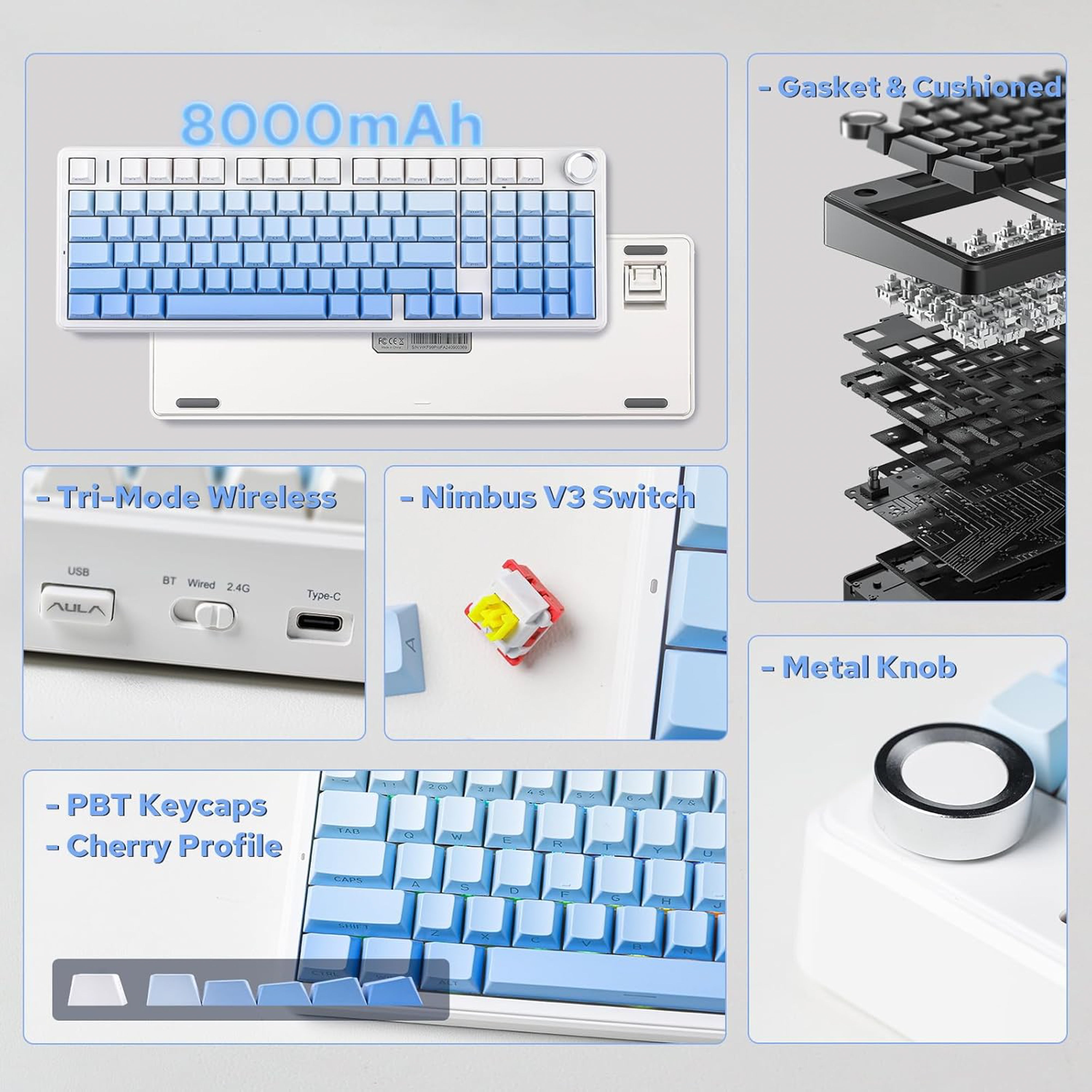 Keyboard with blue keys and white frame on a white background, featuring the AULA logo.
