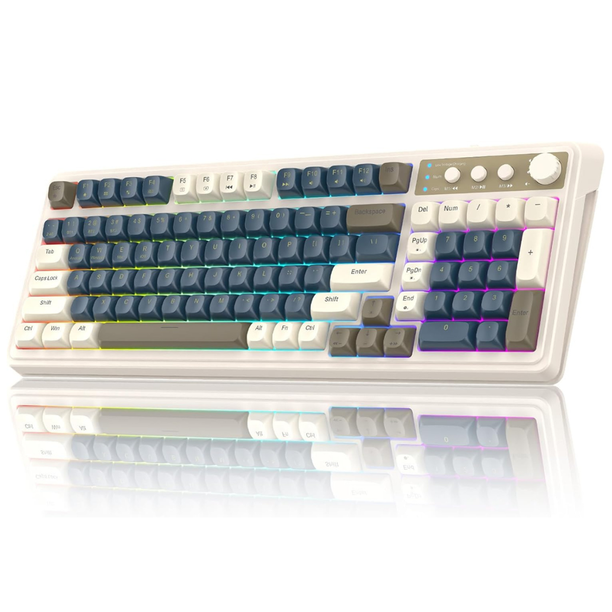 Mechanical keyboard with blue and white keys on a white background
