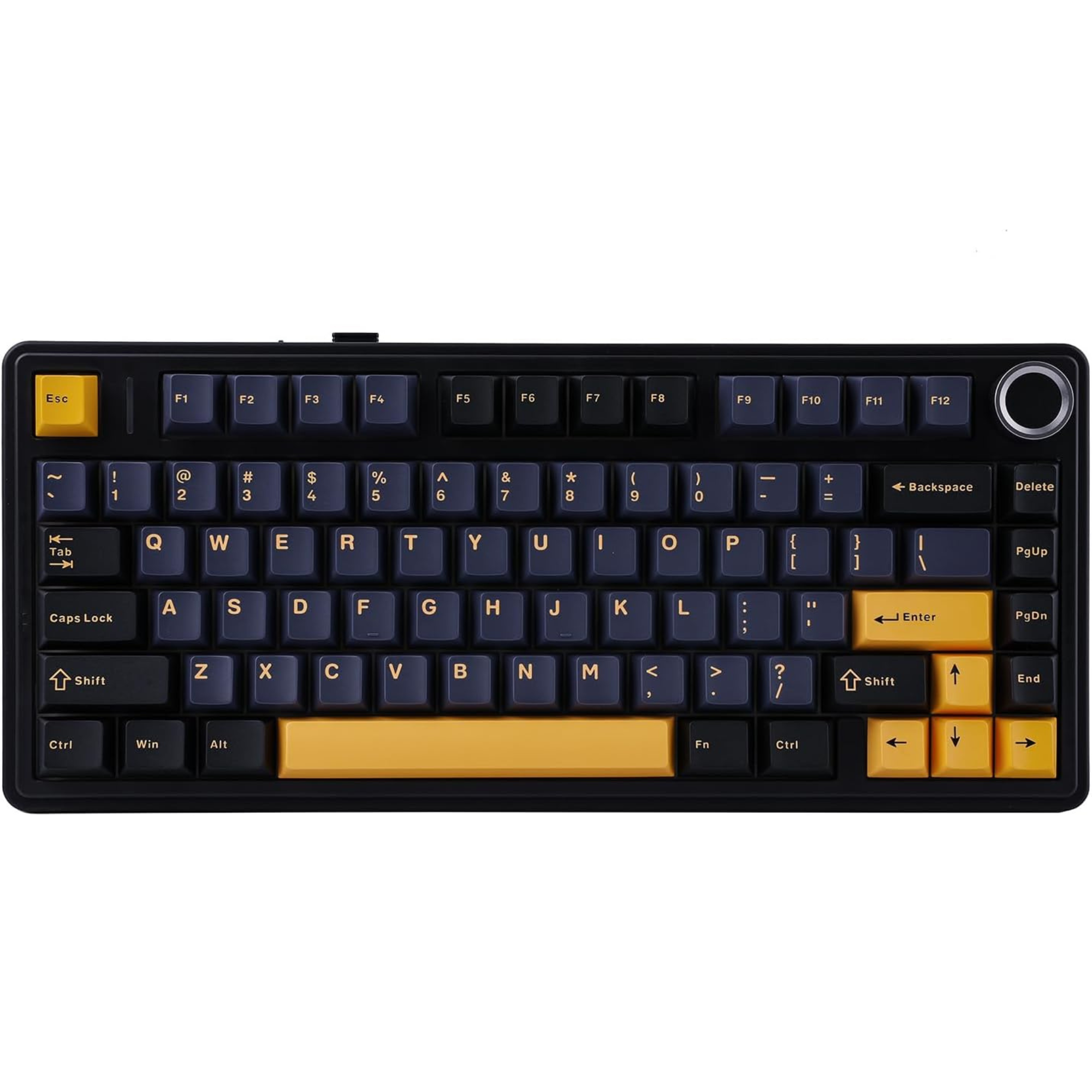 Mechanical keyboard with black keys and yellow escape key on a white background
