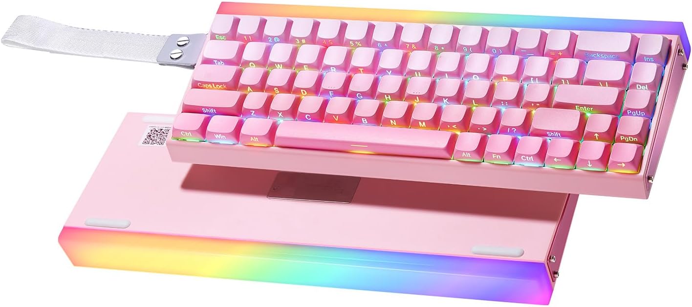 Pink mechanical keyboard with RGB lighting on a white background