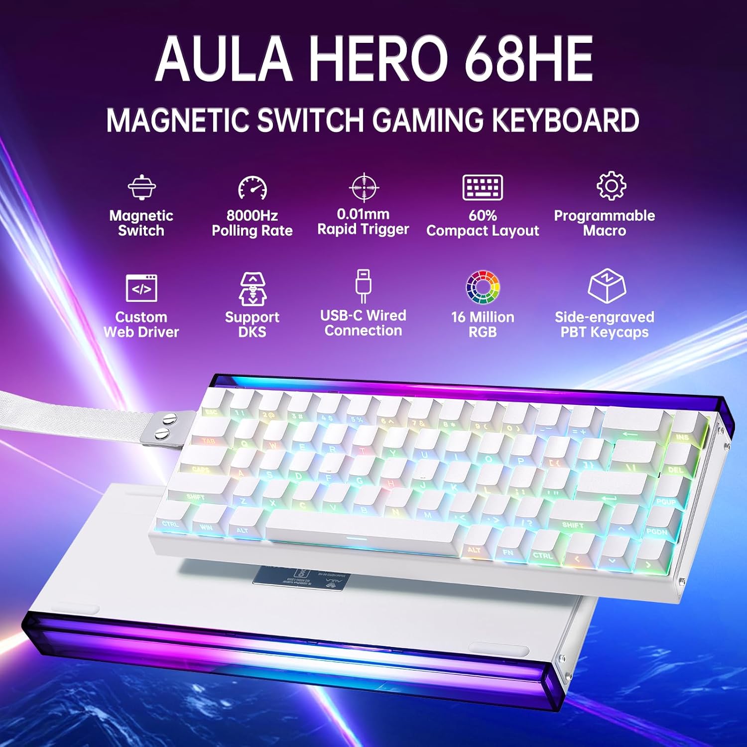 Mechanical keyboard with RGB lighting on a white background
