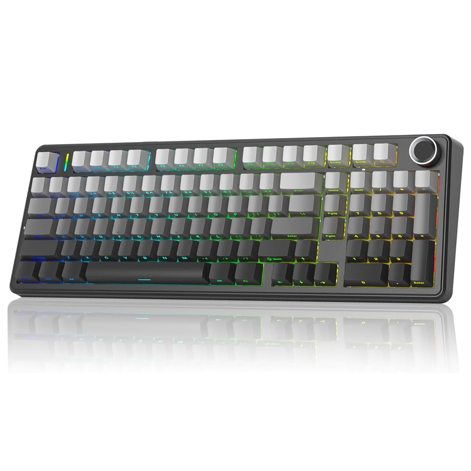 Black and gradient grey mechanical keyboard with RGB lighting on a white background

