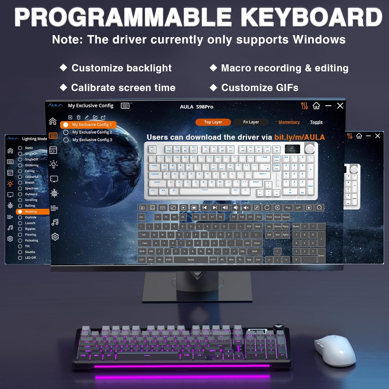 Mechanical keyboard with RGB lighting on a white background

