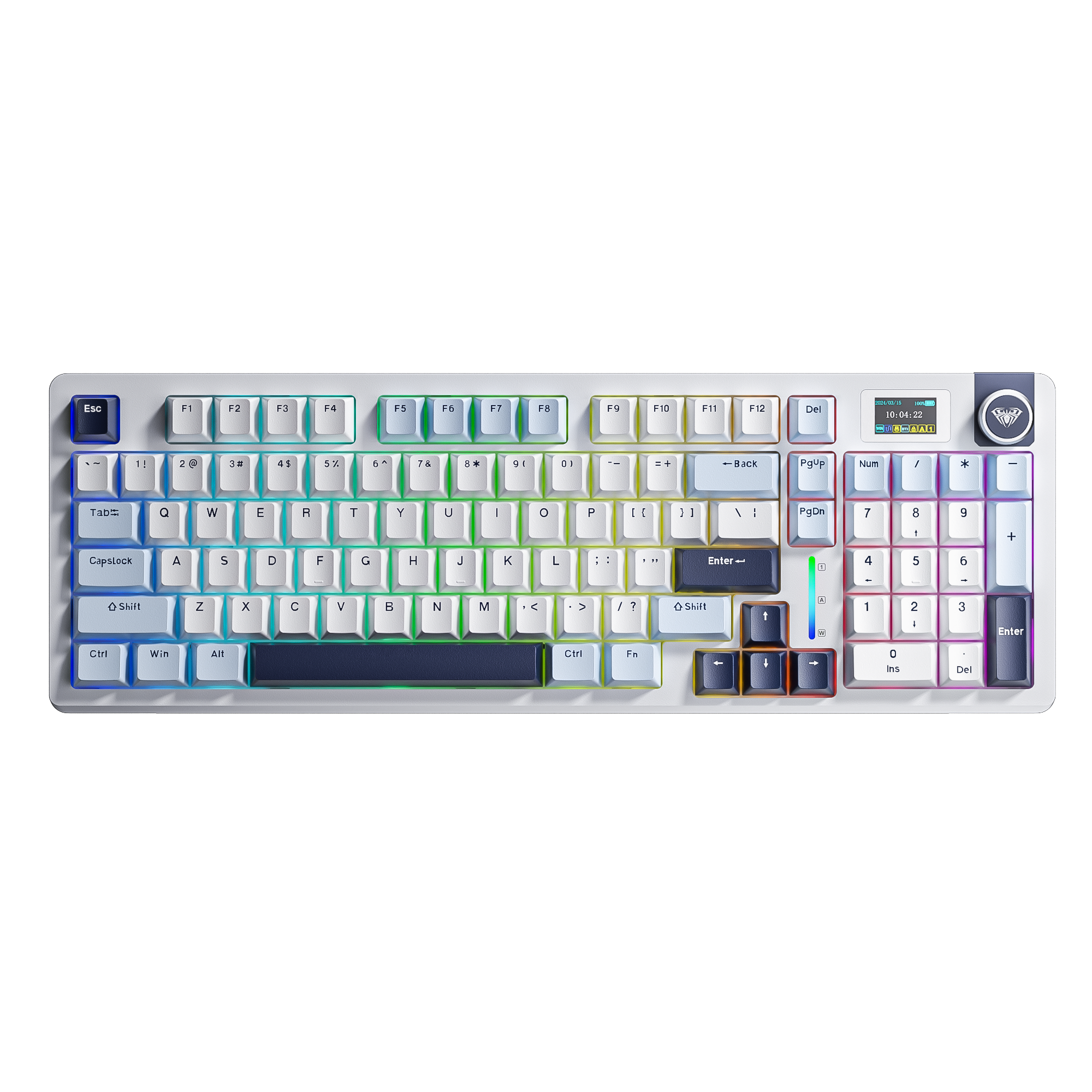Mechanical keyboard with RGB lighting on a white background
