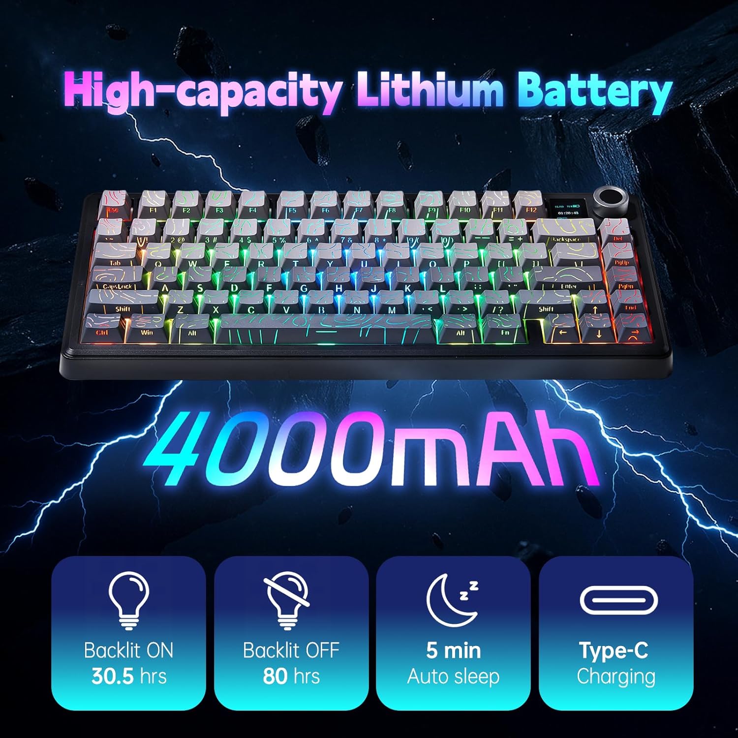 Keyboard with colorful backlighting on a white background
