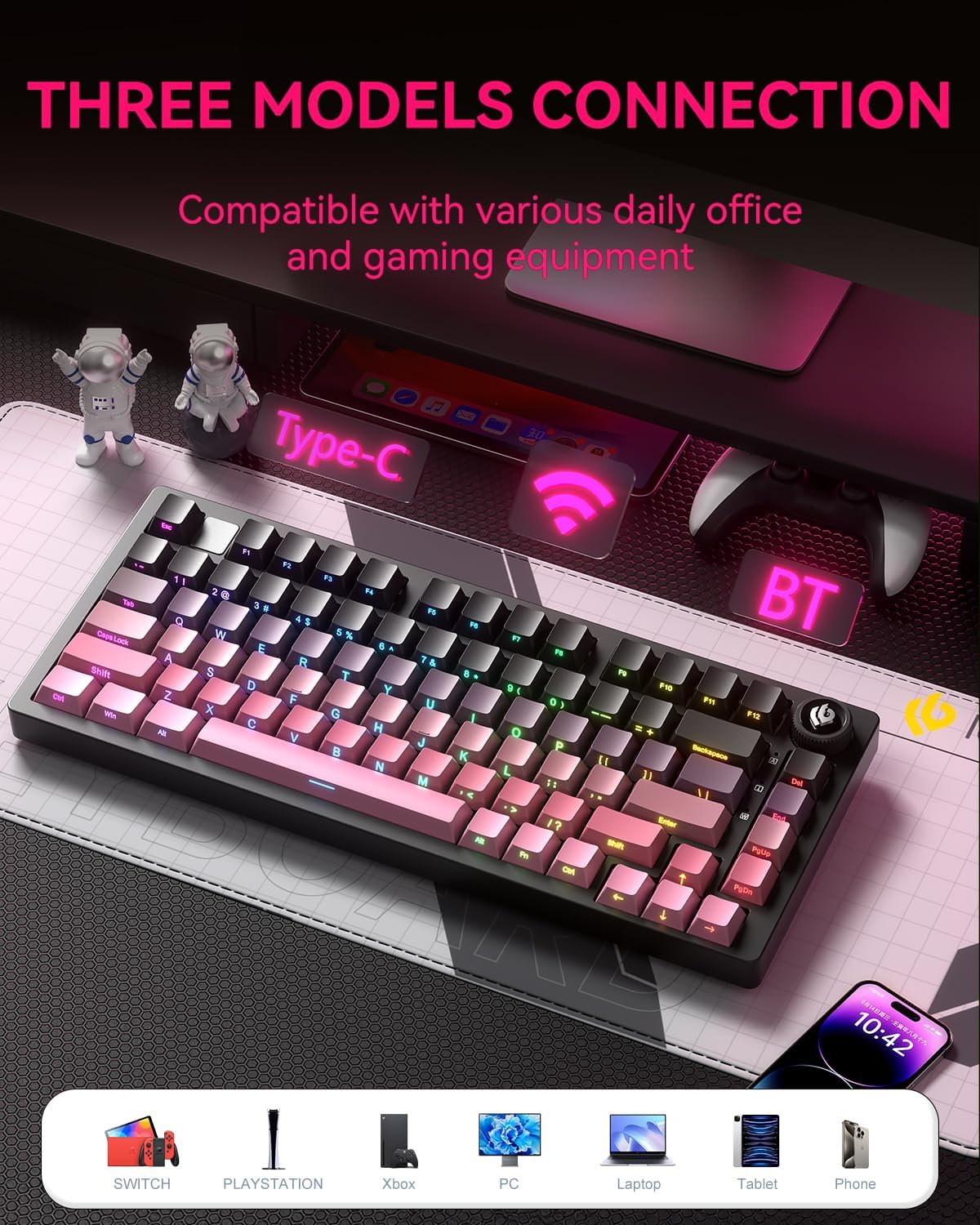 Keyboard with gradient pink, purple and gray keys on a white background
