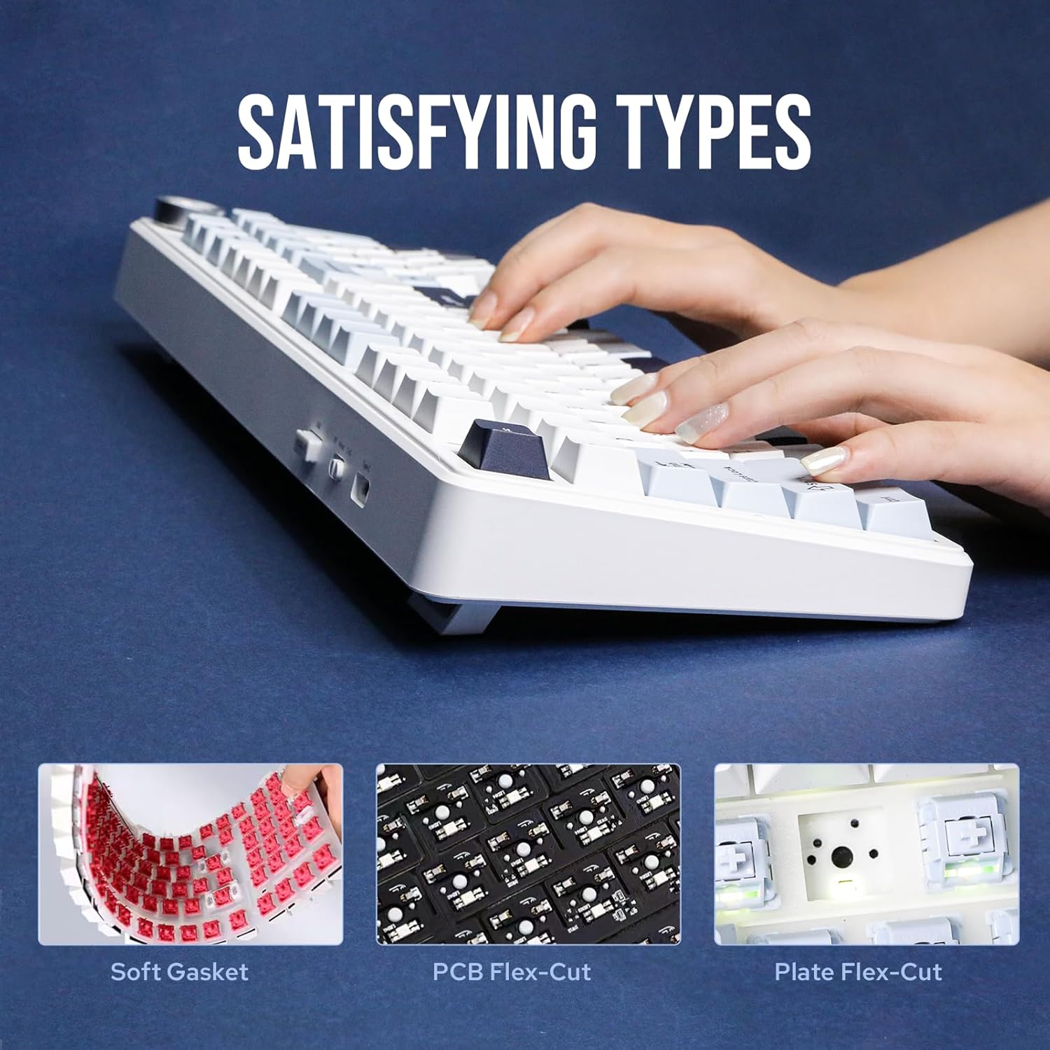 Mechanical keyboard with white and gray keys on a white background