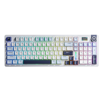 Mechanical keyboard with RGB lighting on a white background
