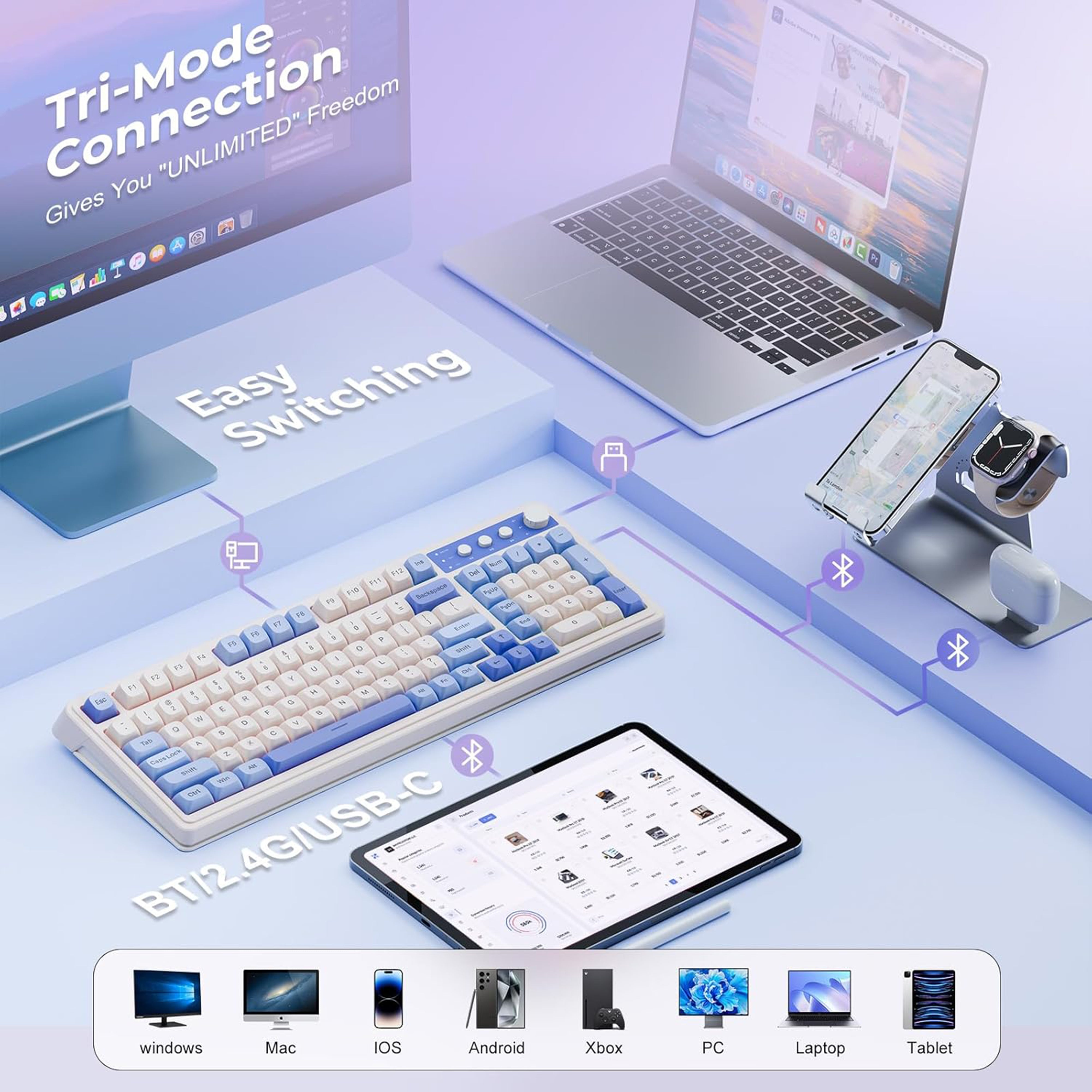 Keyboard with purple and white keys on a white background

