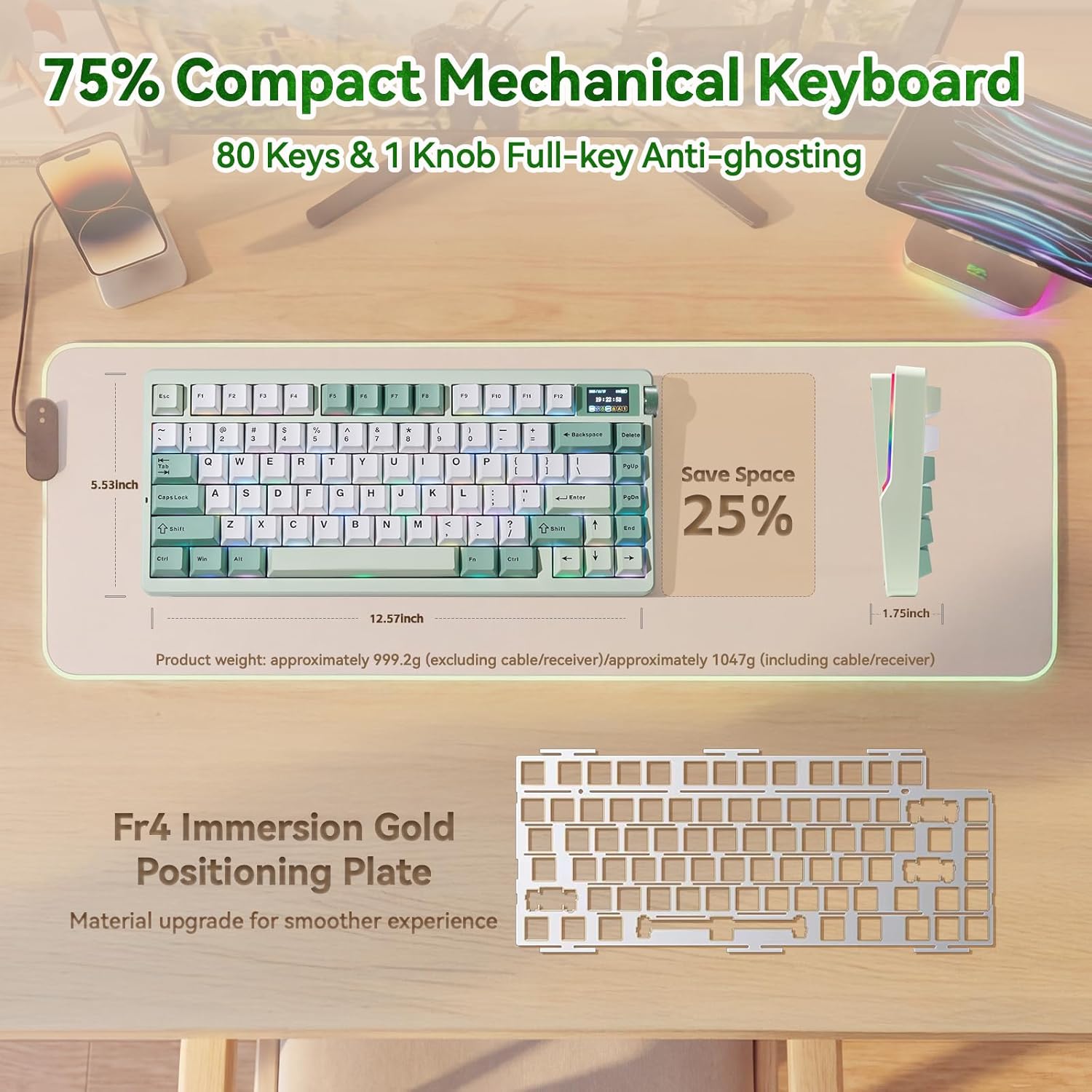 Pink mechanical keyboard with RGB lighting on a white background
