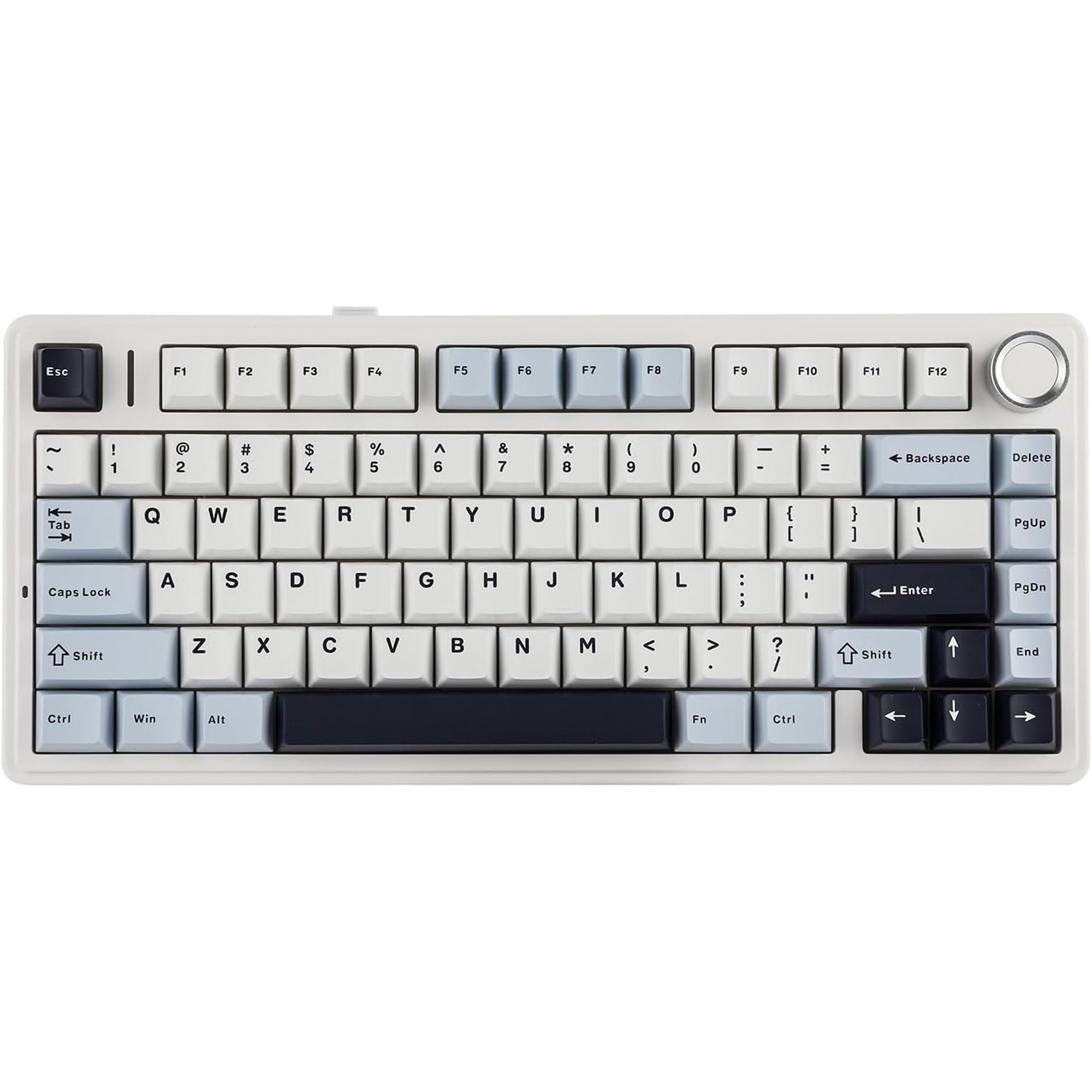 Mechanical keyboard with a white frame with blue gray keys on a white background
