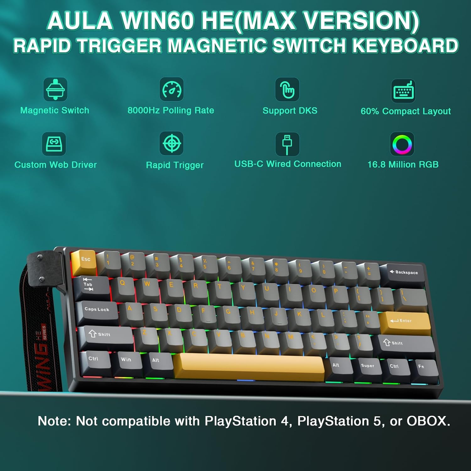 Mechanical keyboard with a black frame and yellow keycaps on a white background
