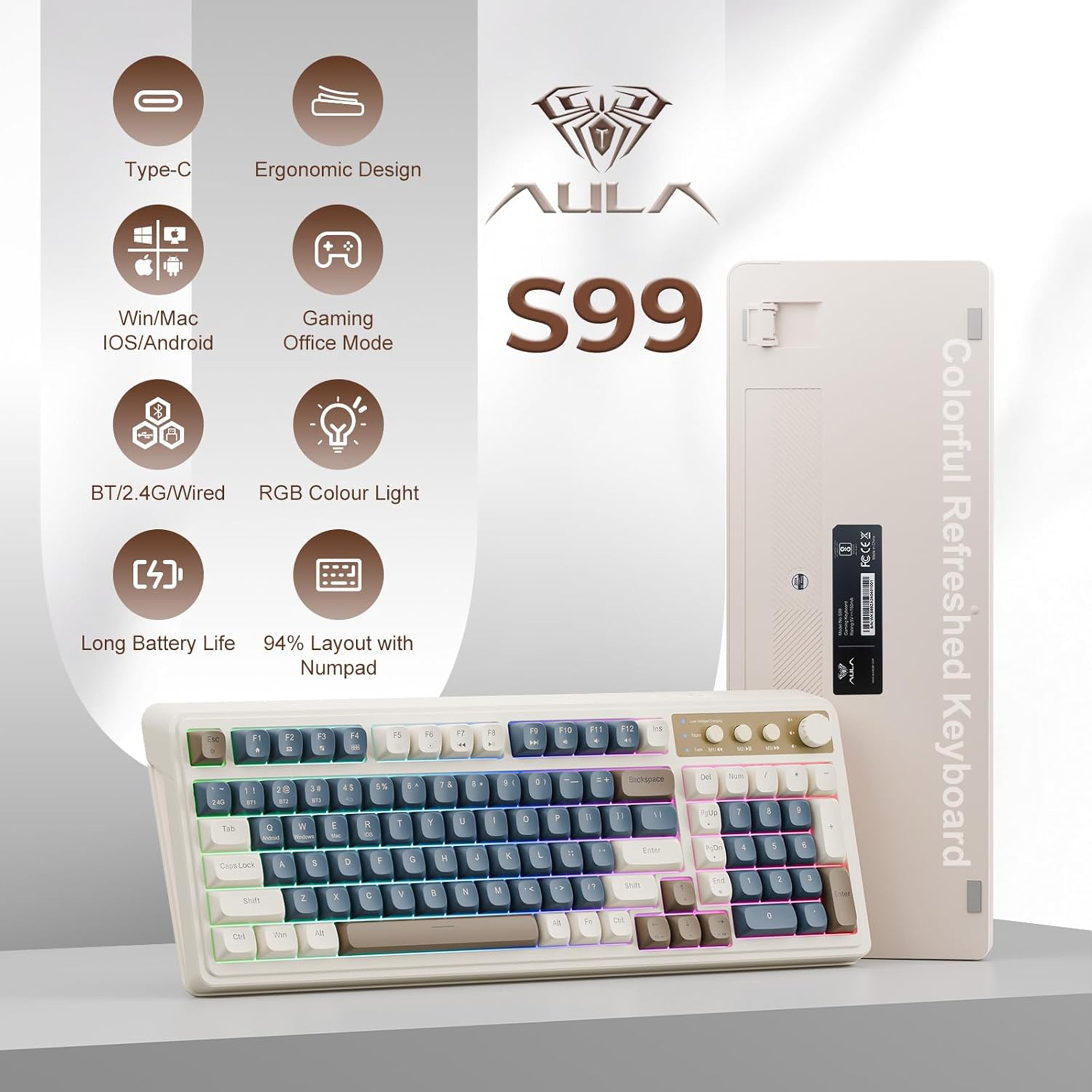 Mechanical keyboard with blue and white keys on a white background
