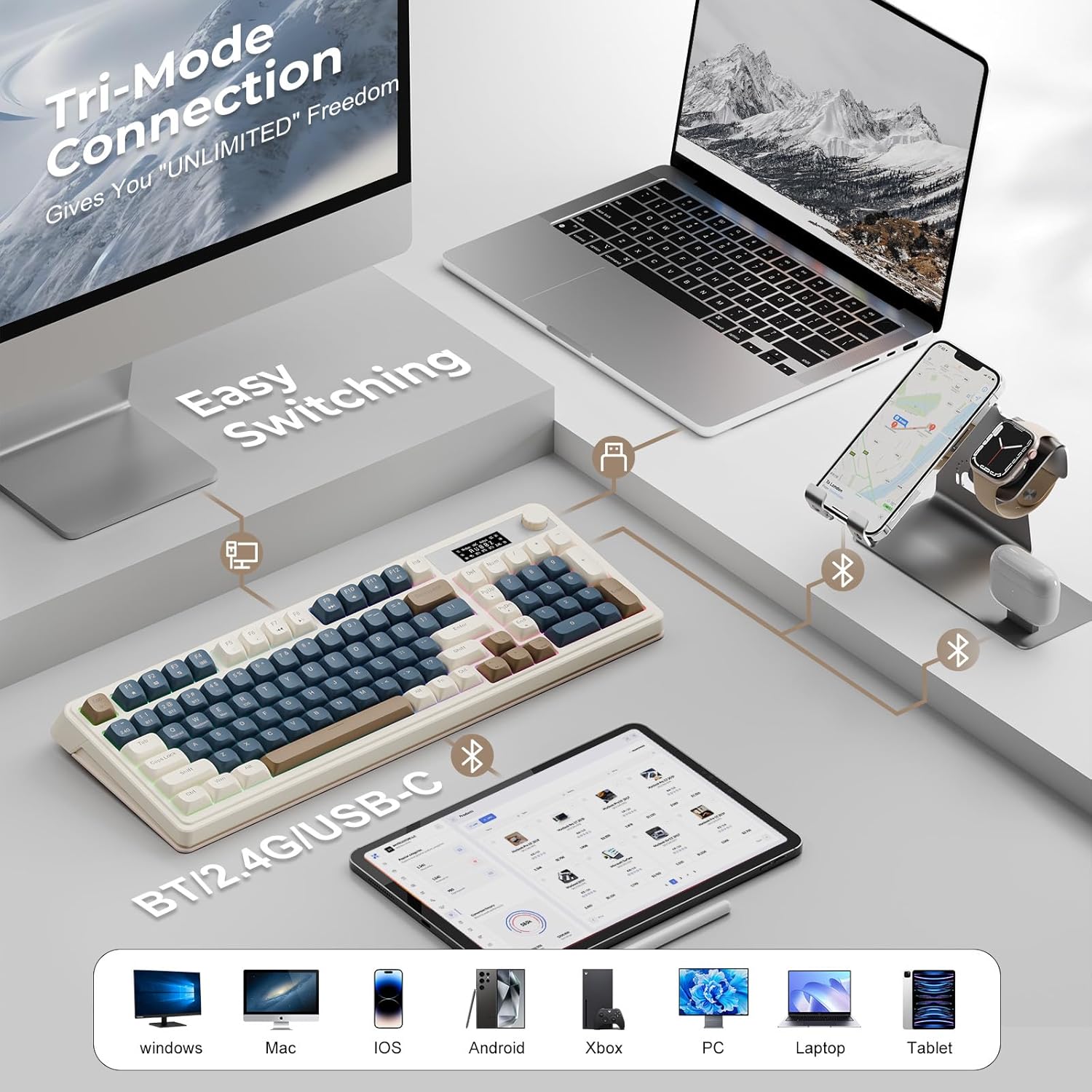 Mechanical keyboard with blue and white keys on a white background
