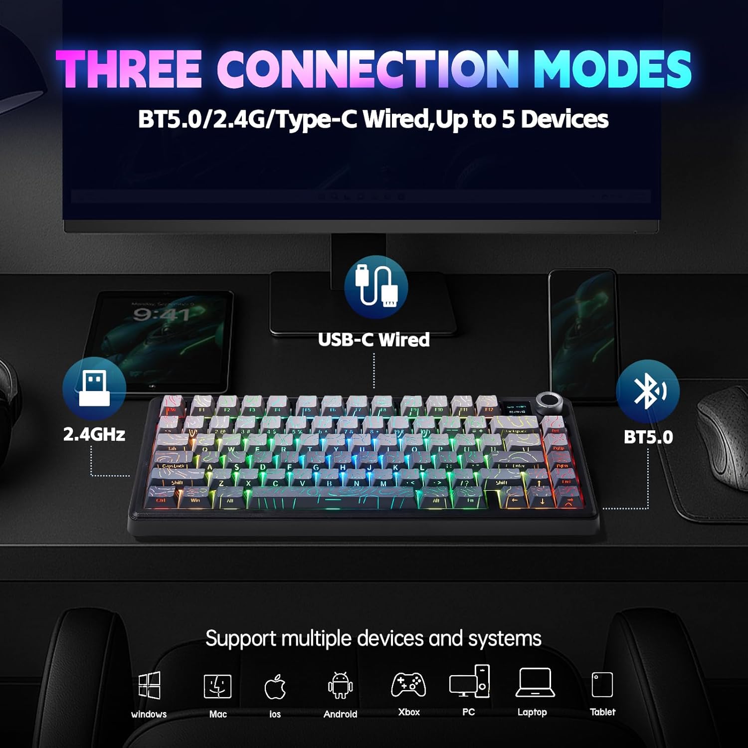 Keyboard with colorful backlighting on a white background
