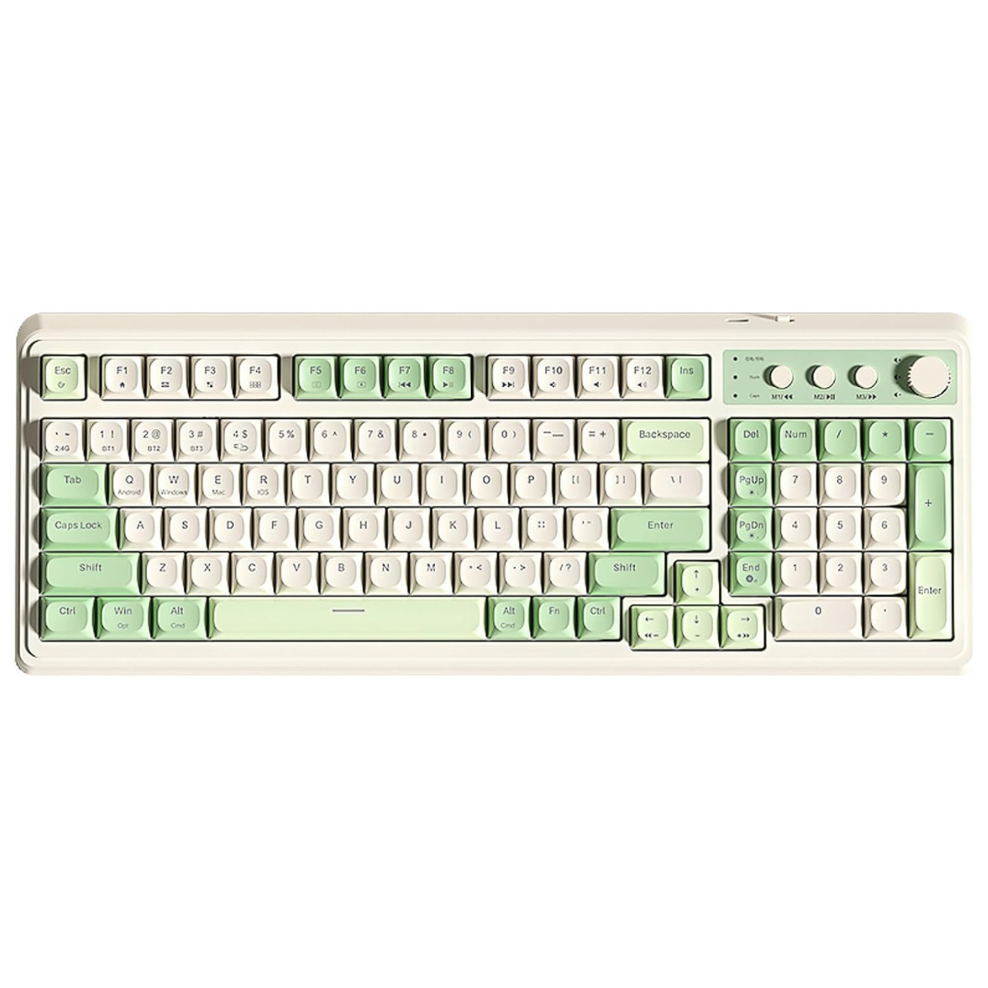 Keyboard with green and white keys on a white background
