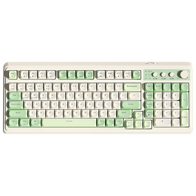 Keyboard with green and white keys on a white background
