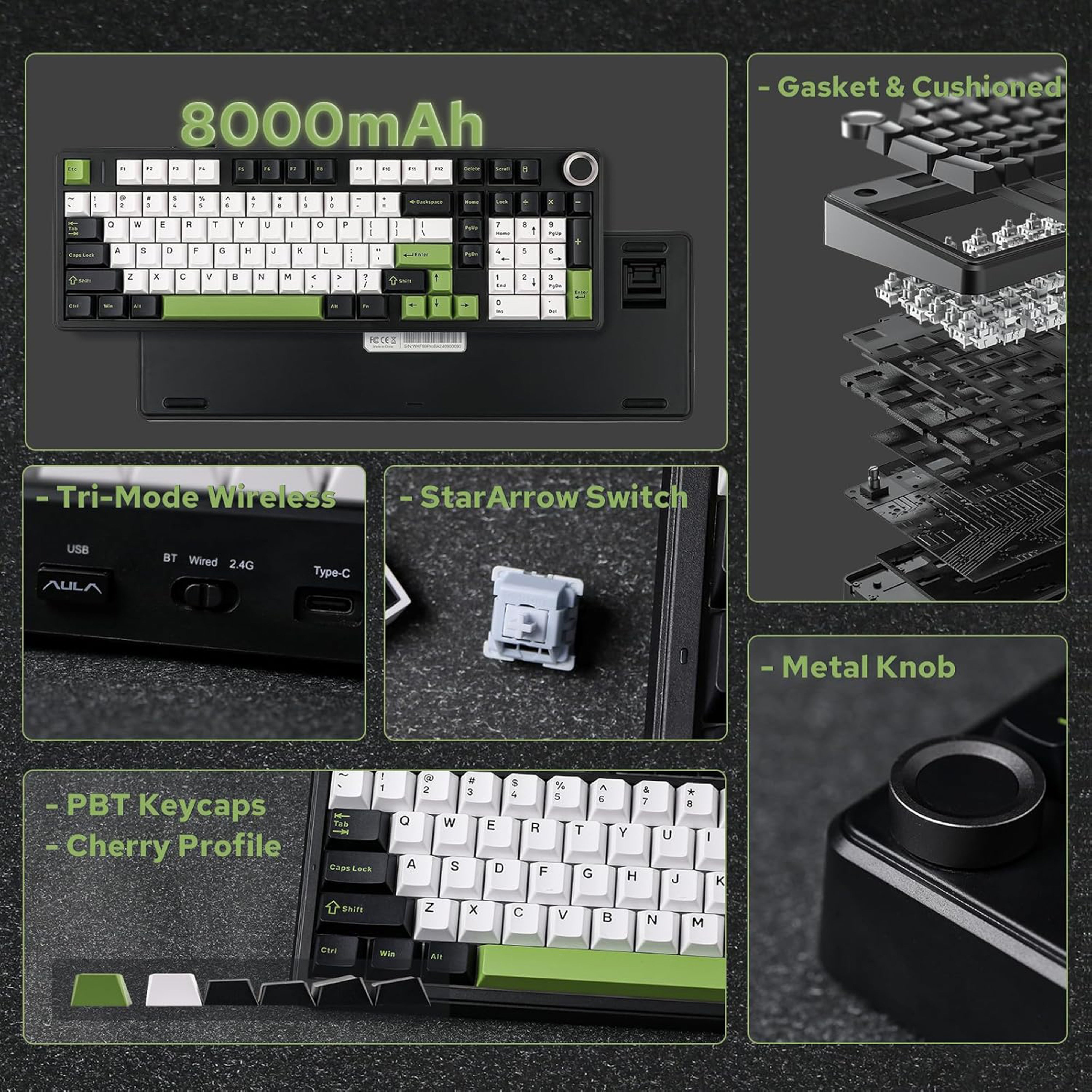 Mechanical keyboard with green and black keys on a white background
